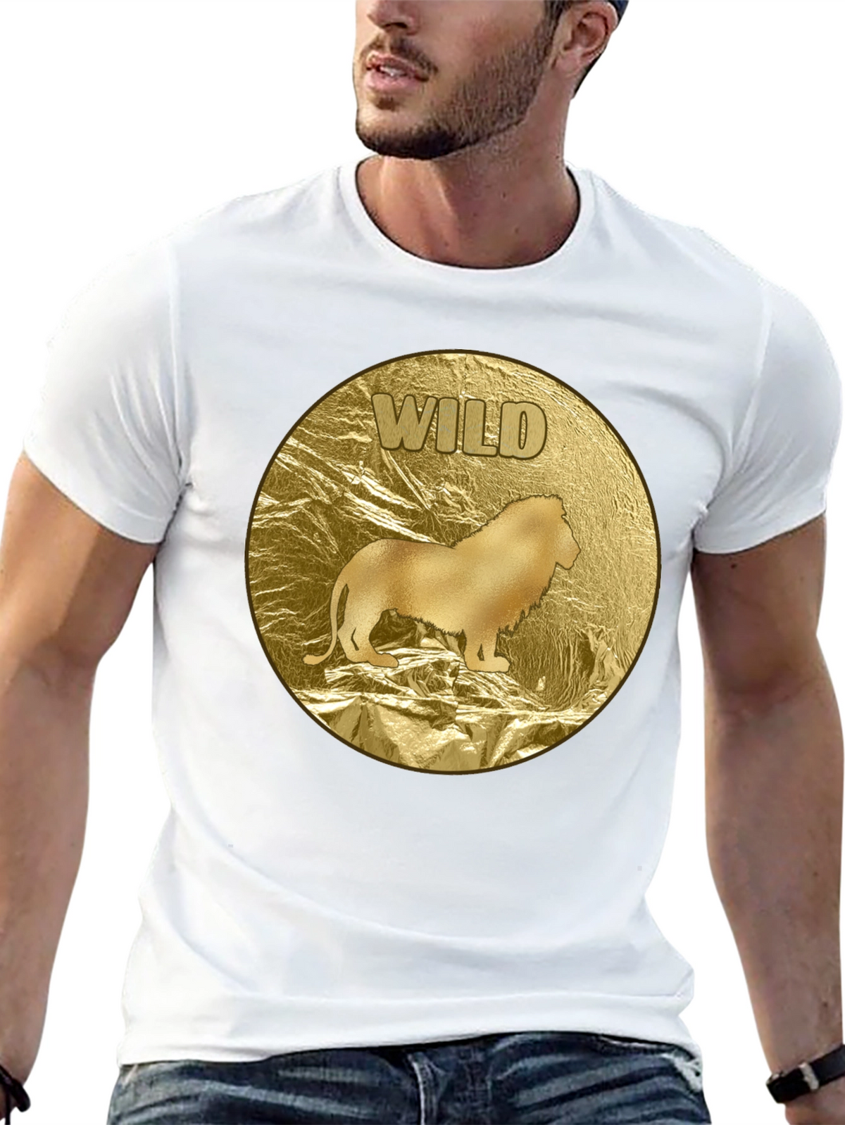 Wild Lion Graphic Tee - Gold Animal Print T-Shirt