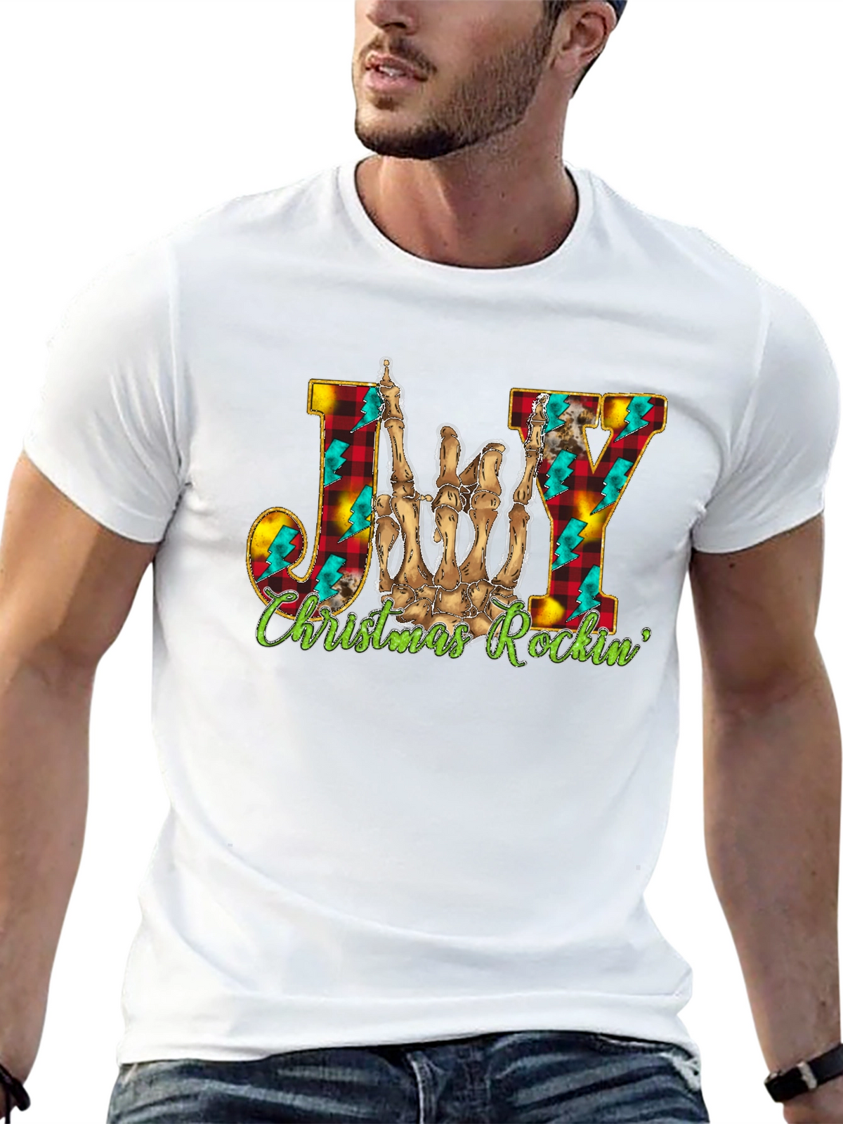 Joy Christmas Rockin Skeleton Hand T-Shirt