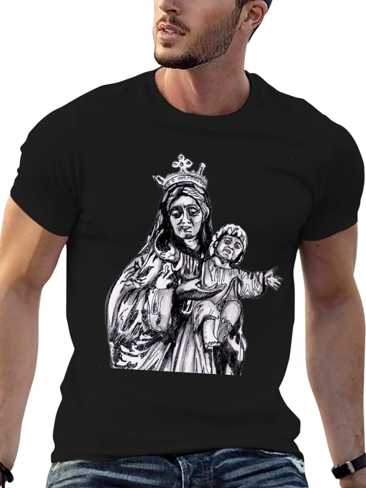 Virgin Mary & Child Graphic T-Shirt - Black