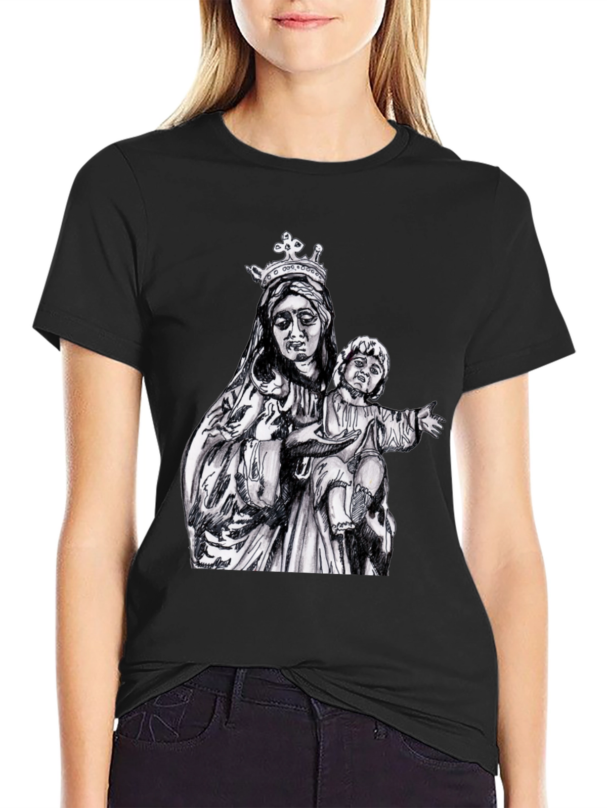 Virgin Mary & Child Graphic T-Shirt - Black