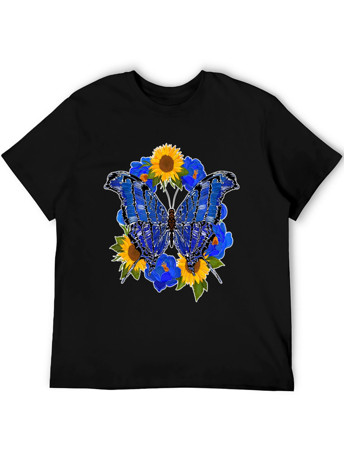 Butterfly Sunflower Graphic Black T-Shirt