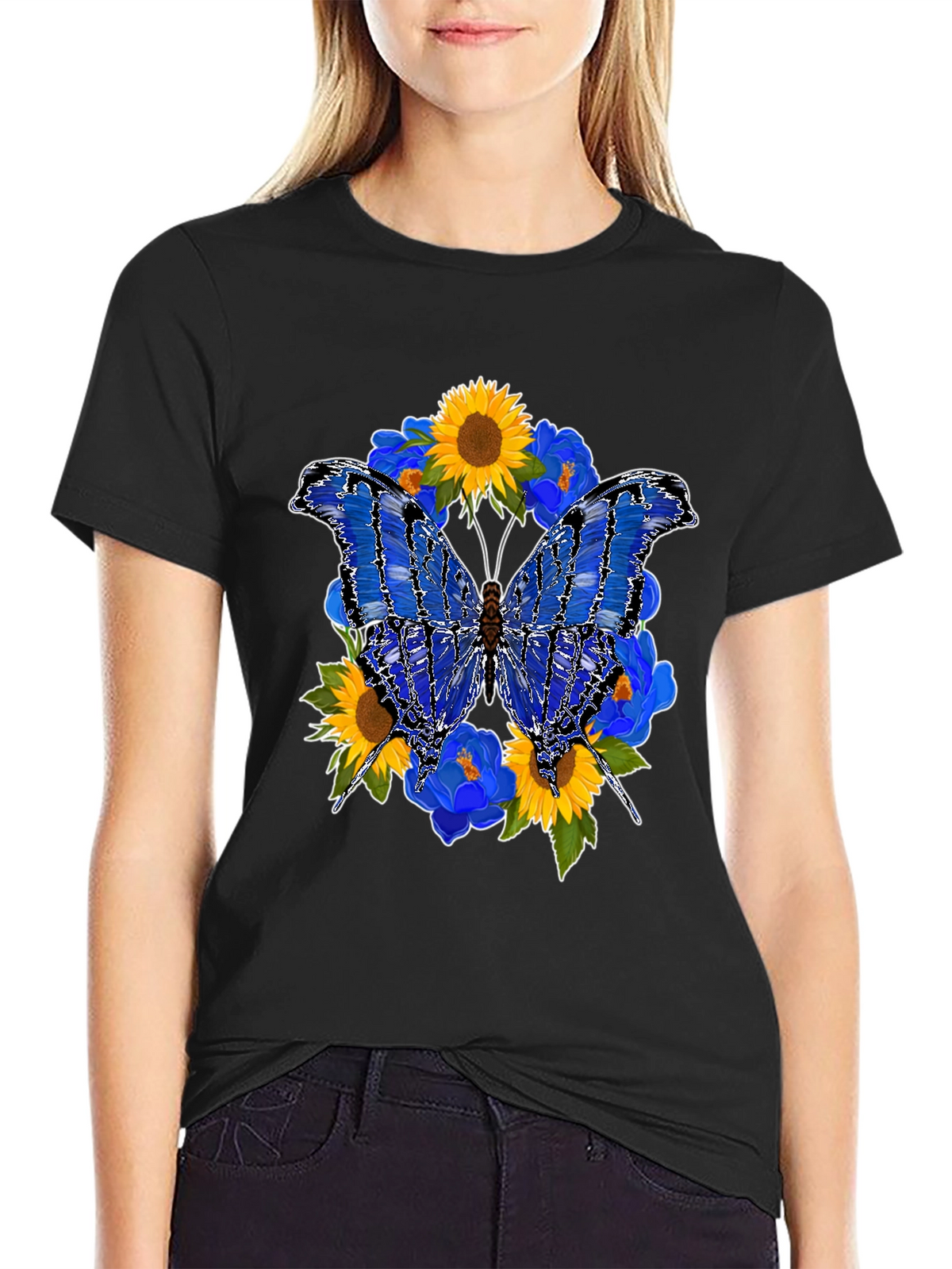 Butterfly Sunflower Graphic Black T-Shirt