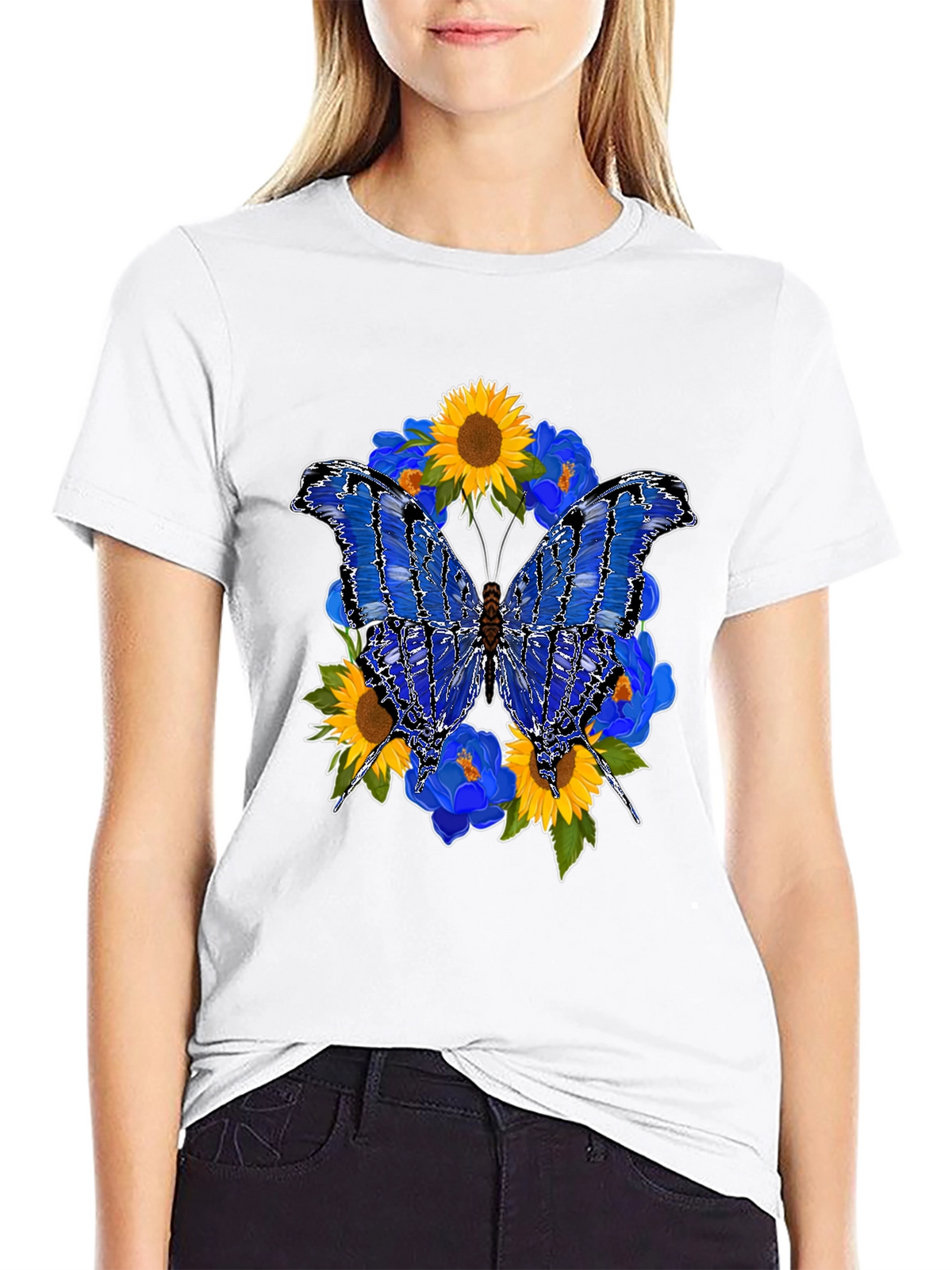 Butterfly Sunflower Graphic Black T-Shirt