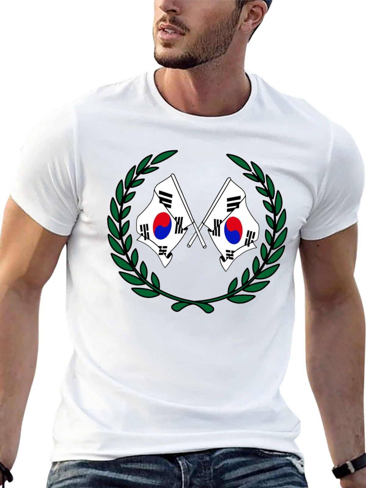South Korea Flag Laurel Wreath Black T-Shirt