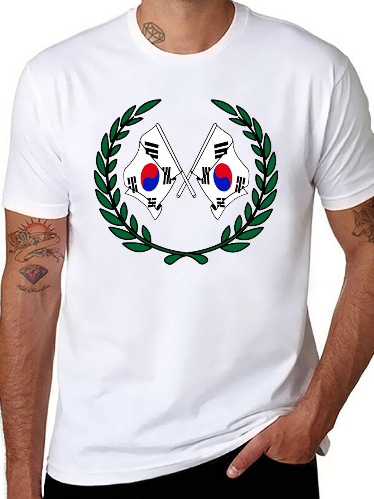 South Korea Flag Laurel Wreath Black T-Shirt