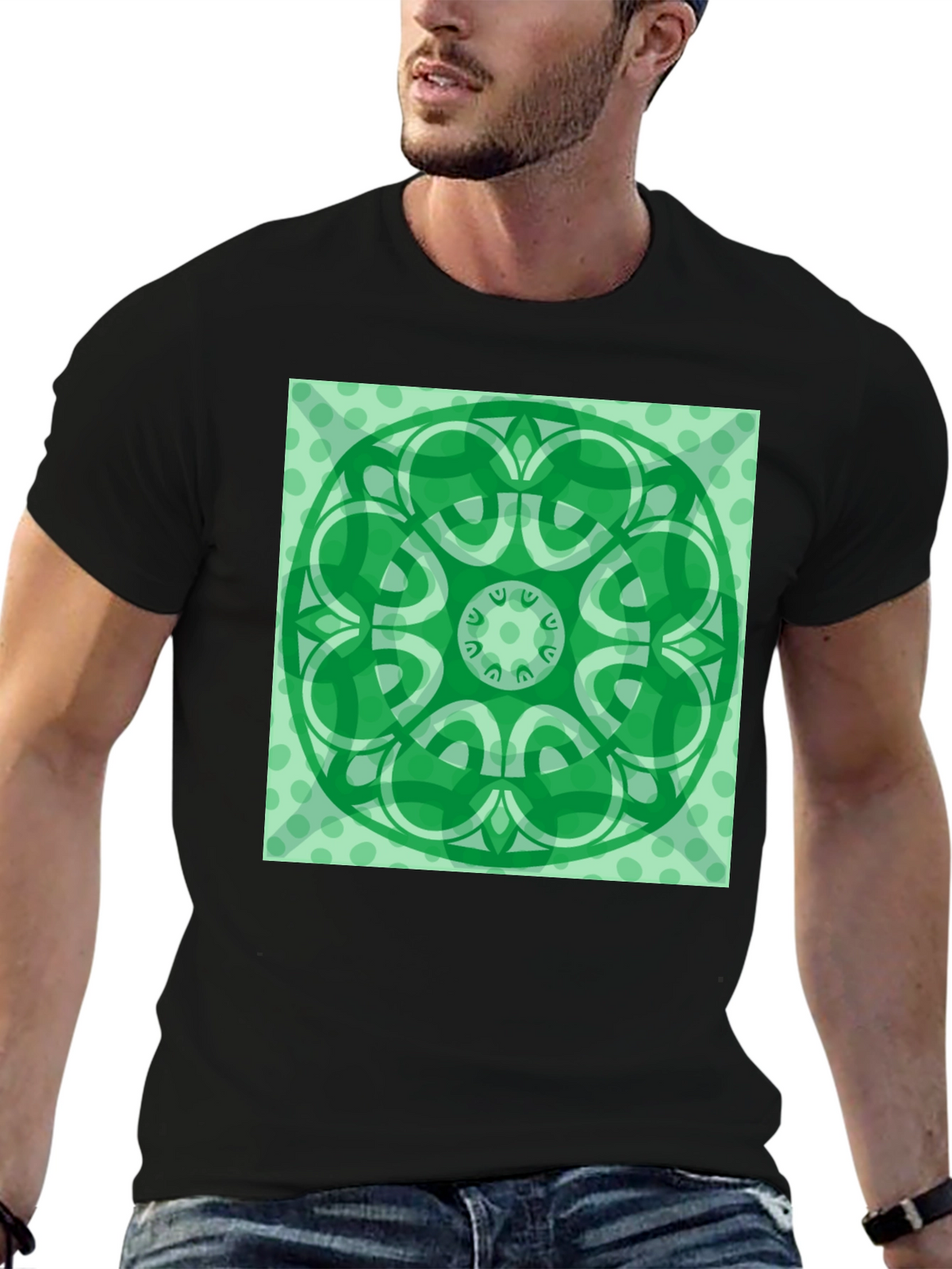 Green Mandala Graphic Black T-Shirt