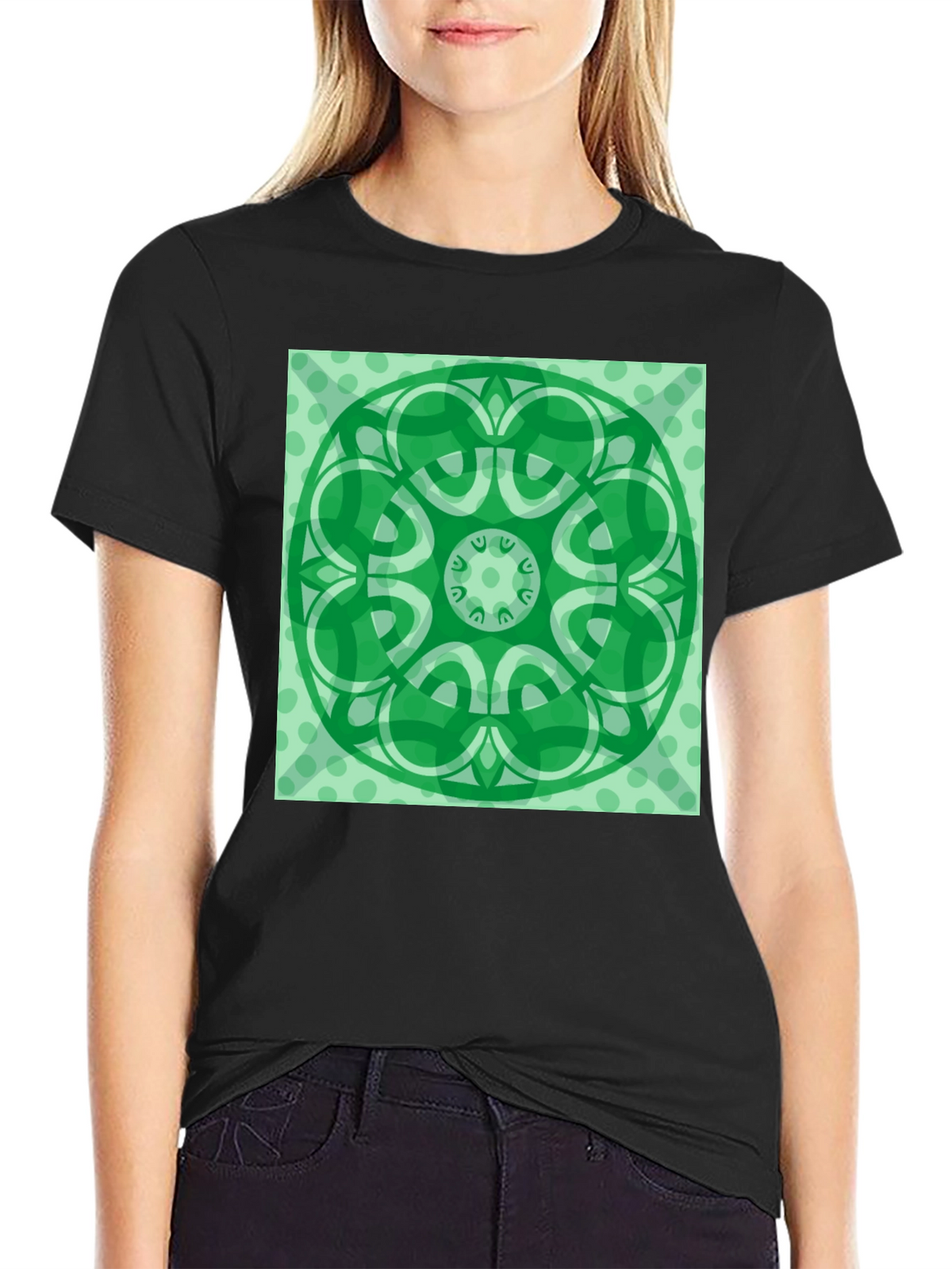 Green Mandala Graphic Black T-Shirt