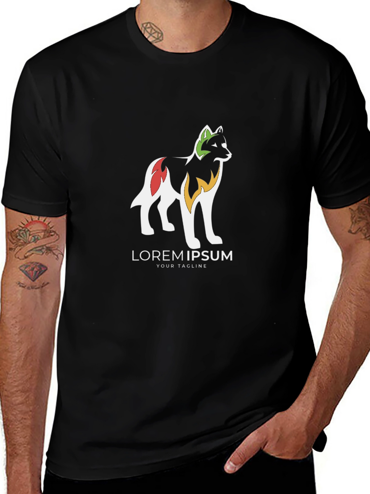 Black Graphic Tee - Stylized Wolf Design