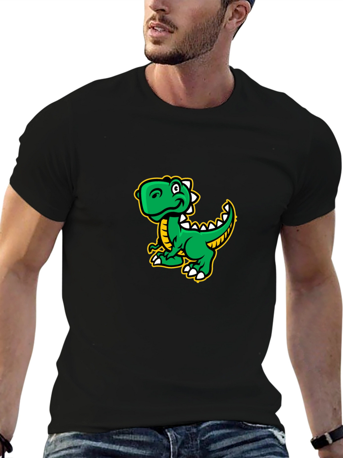 Cartoon Dinosaur Graphic Tee - Black Cotton T-Shirt