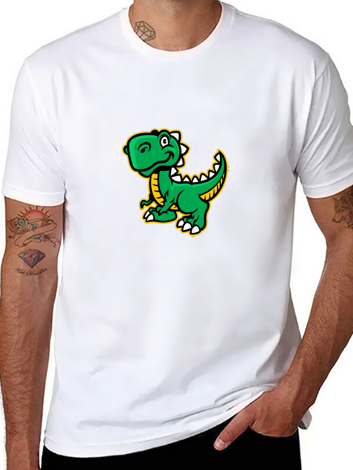Cartoon Dinosaur Graphic Tee - Black Cotton T-Shirt