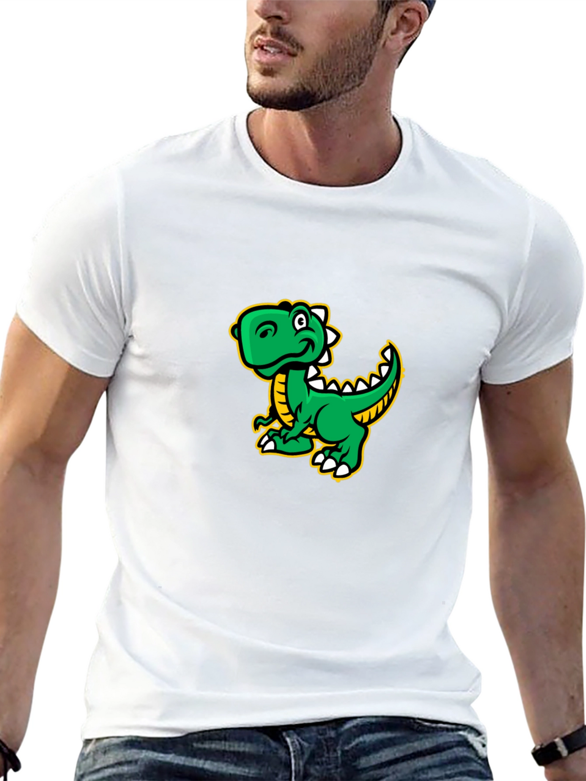 Cartoon Dinosaur Graphic Tee - Black Cotton T-Shirt