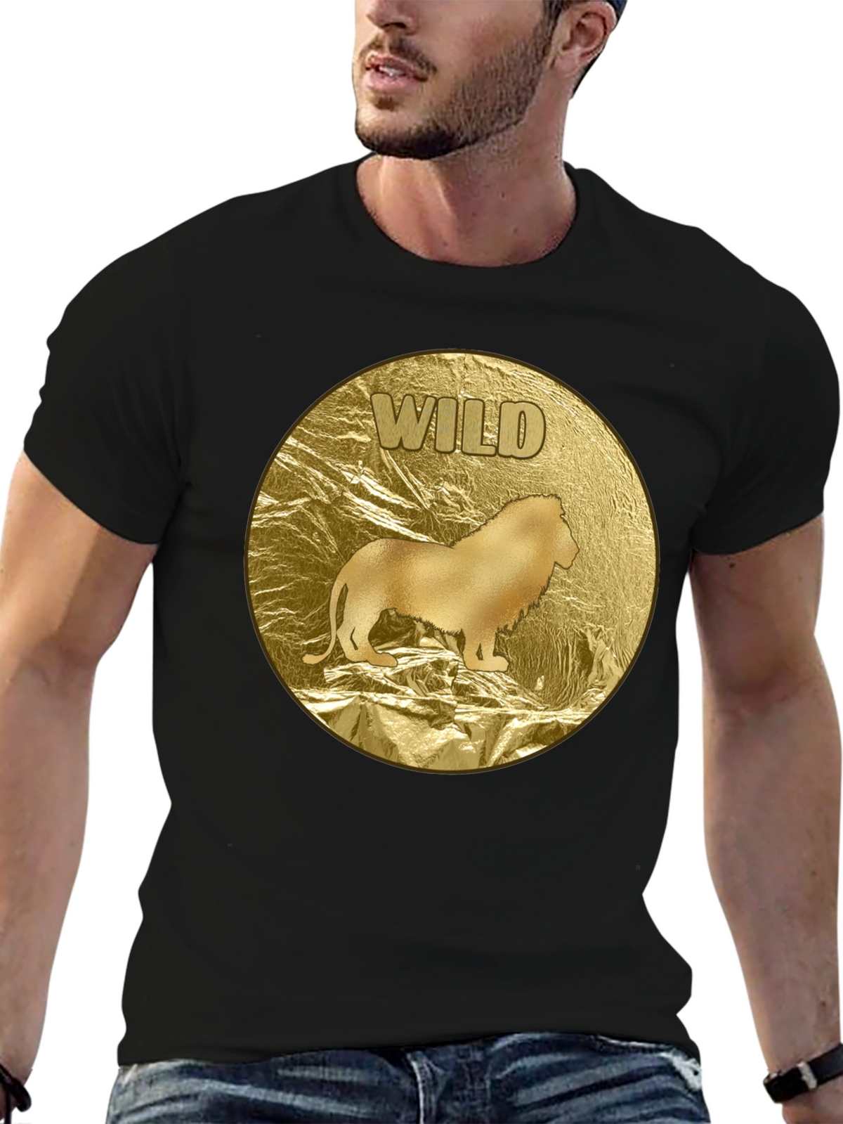 Wild Lion Graphic Tee - Gold Animal Print T-Shirt