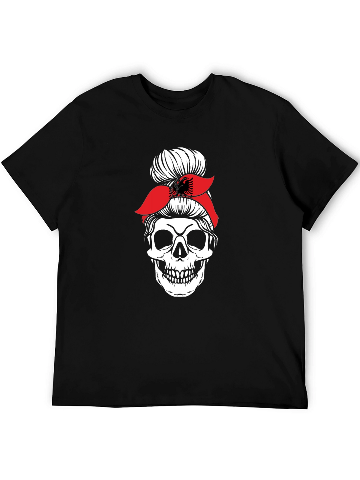 Skull Messy Bun T-Shirt - Albanian Flag Headband