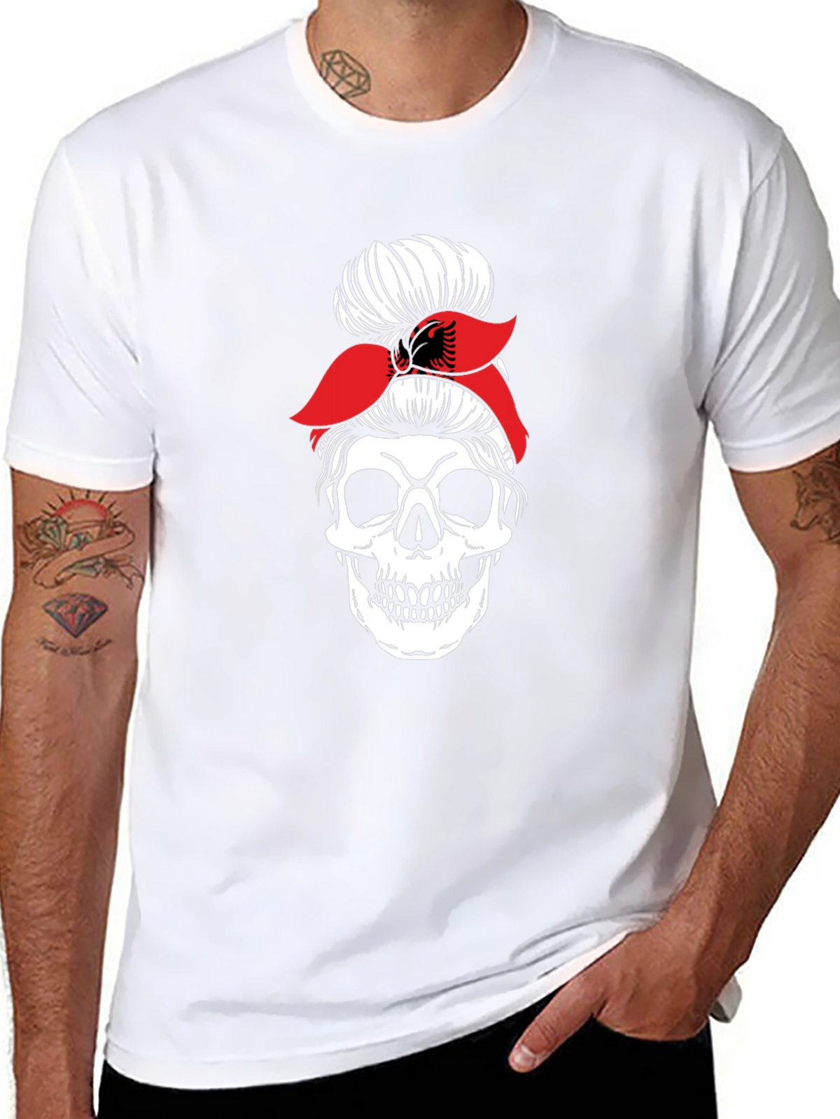 Skull Messy Bun T-Shirt - Albanian Flag Headband
