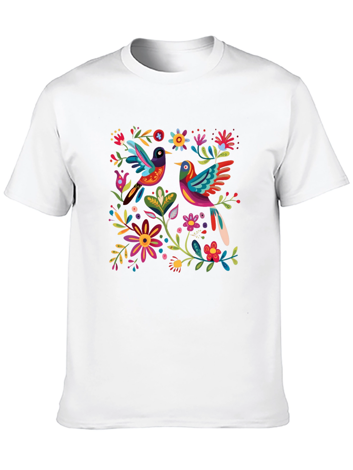 Floral Birds Graphic Tee - Black Cotton T-Shirt