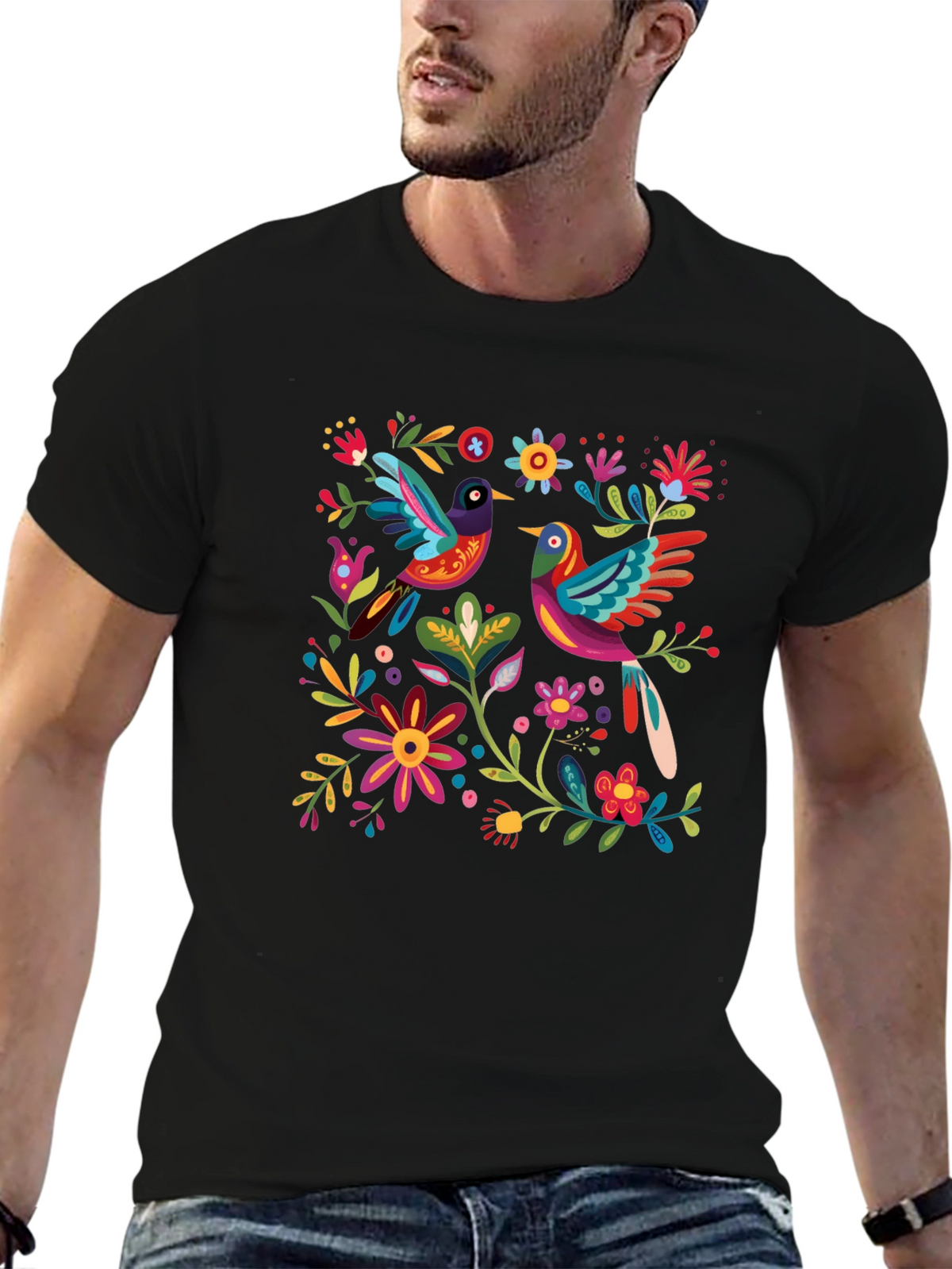 Floral Birds Graphic Tee - Black Cotton T-Shirt