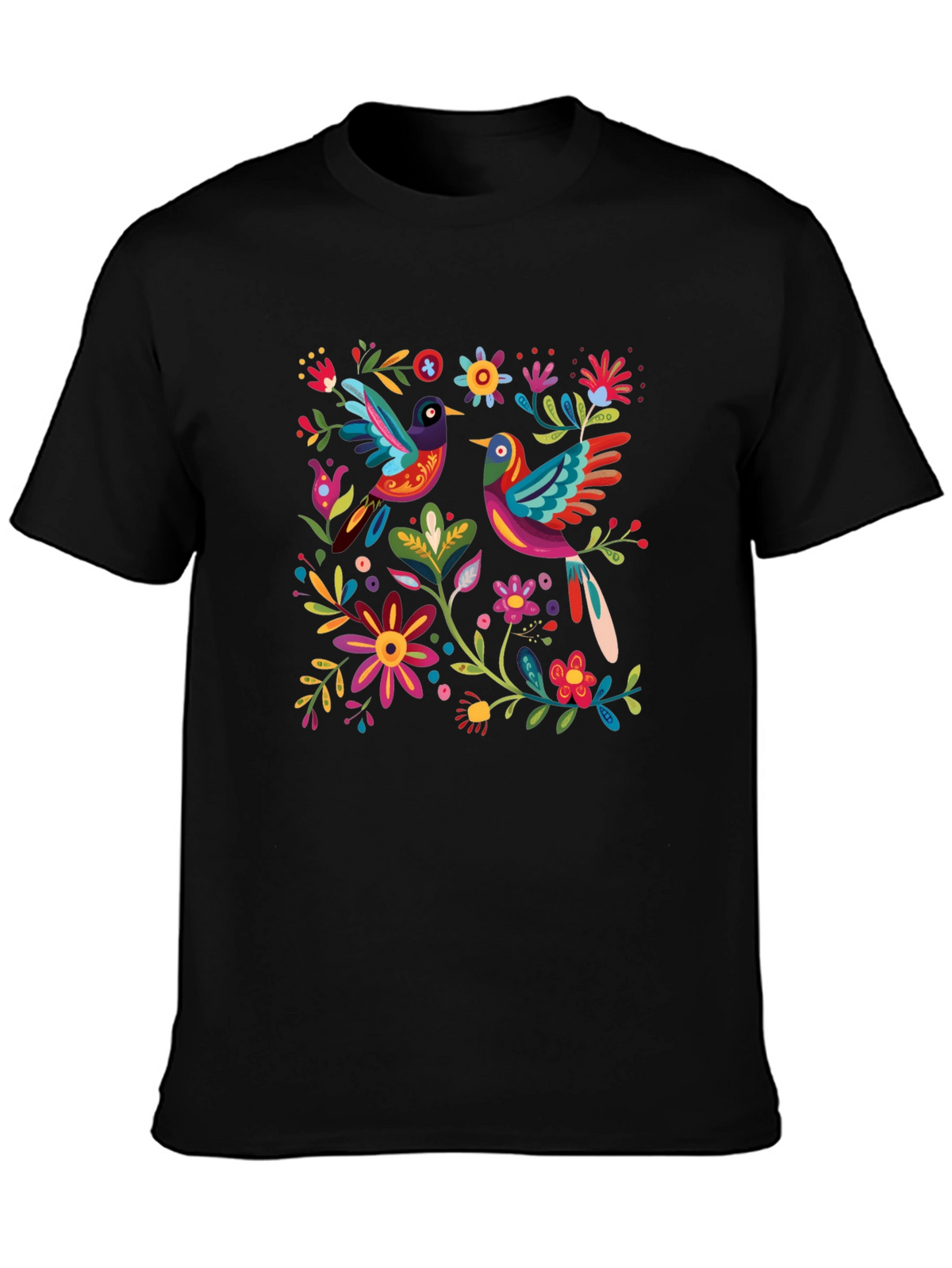 Floral Birds Graphic Tee - Black Cotton T-Shirt