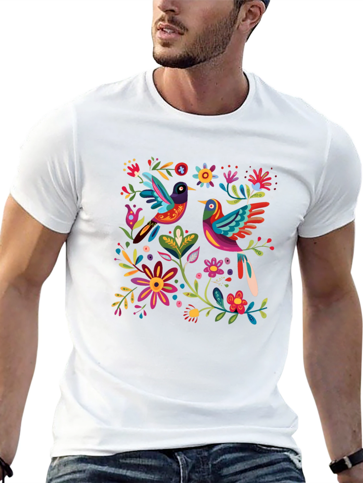 Floral Birds Graphic Tee - Black Cotton T-Shirt