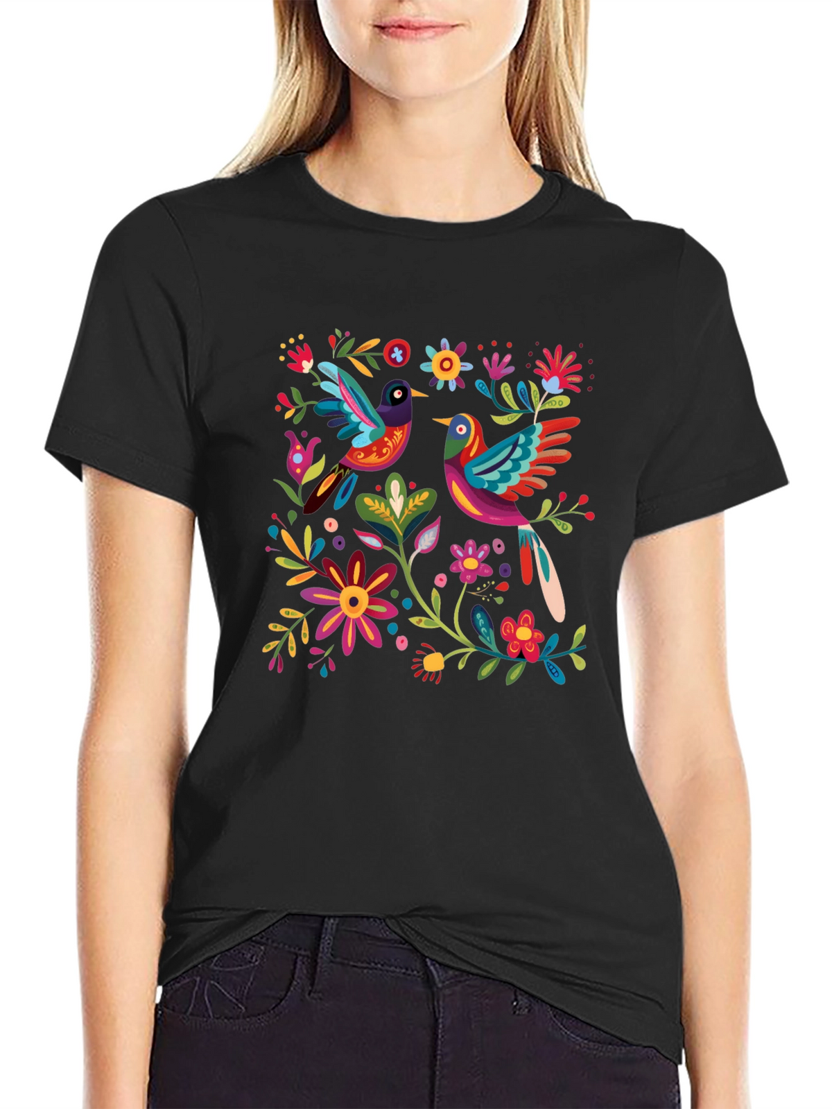 Floral Birds Graphic Tee - Black Cotton T-Shirt