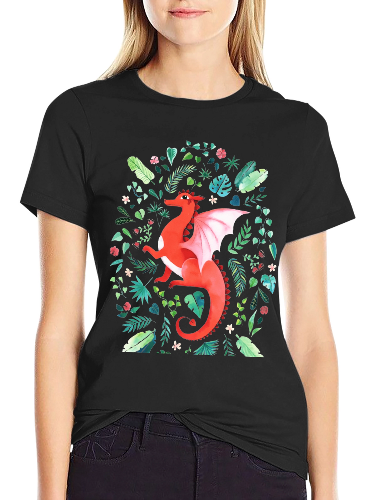 Red Dragon T-Shirt - Fantasy Floral Design