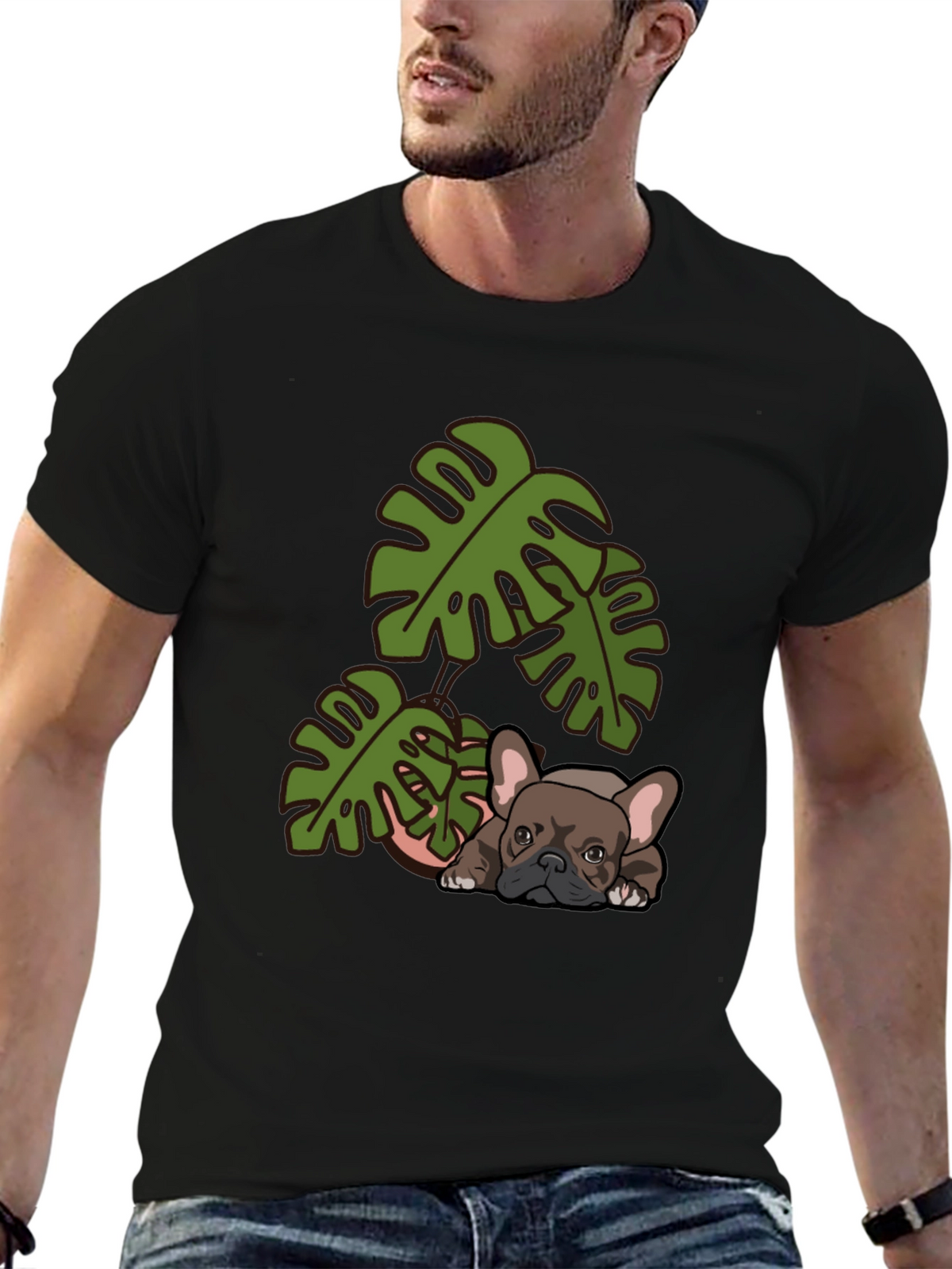 Bulldog & Monstera Leaf Graphic Tee