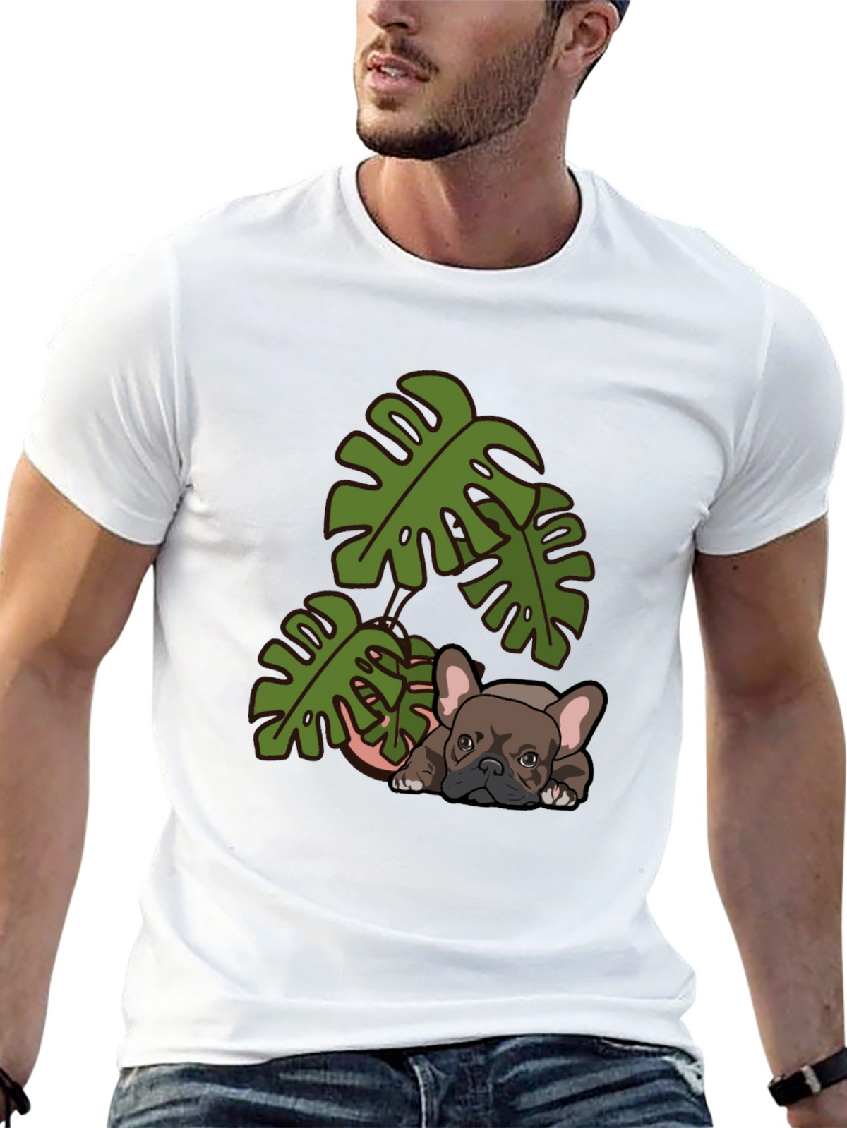 Bulldog & Monstera Leaf Graphic Tee