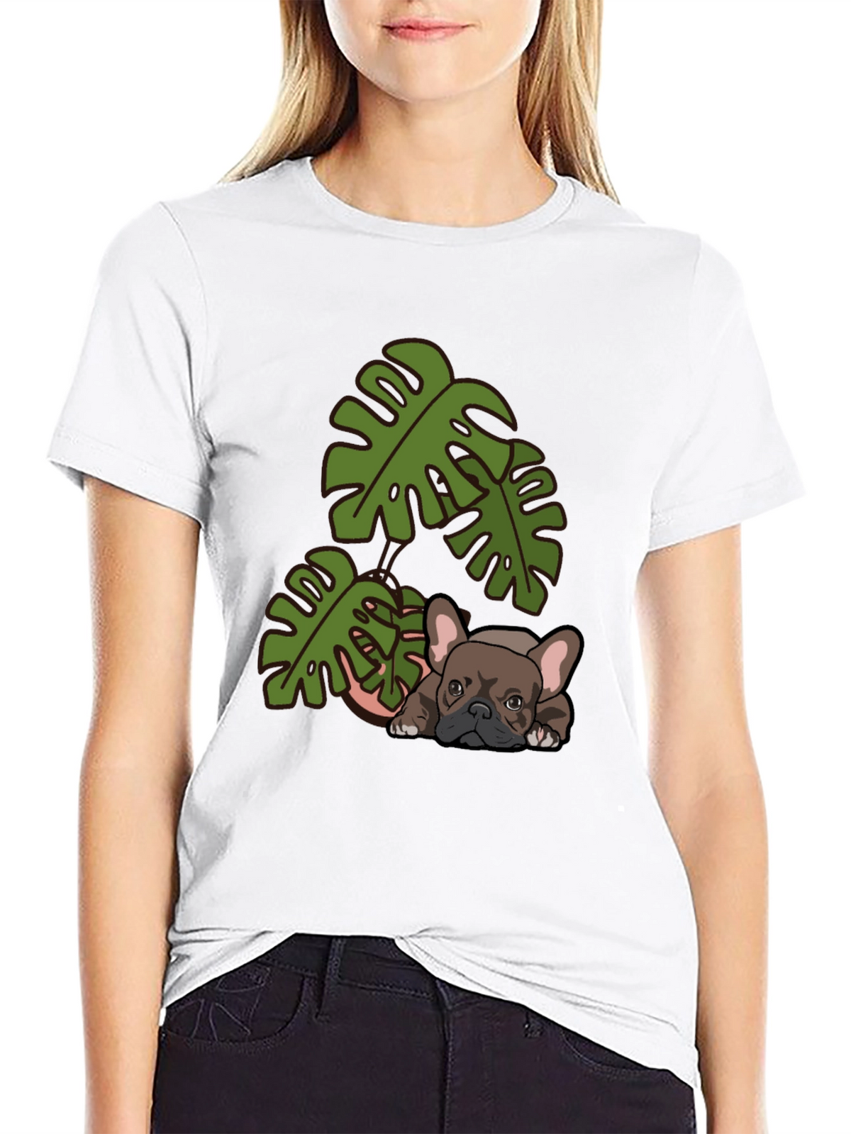 Bulldog & Monstera Leaf Graphic Tee