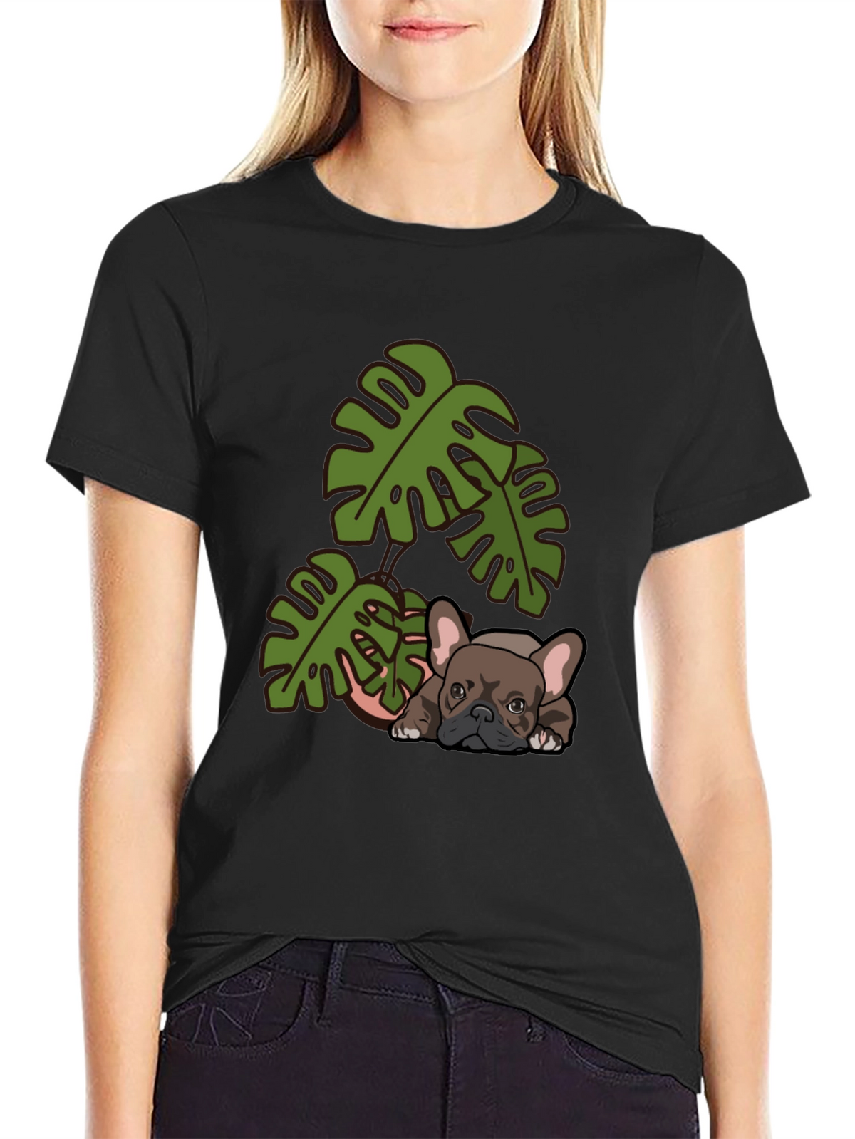 Bulldog & Monstera Leaf Graphic Tee