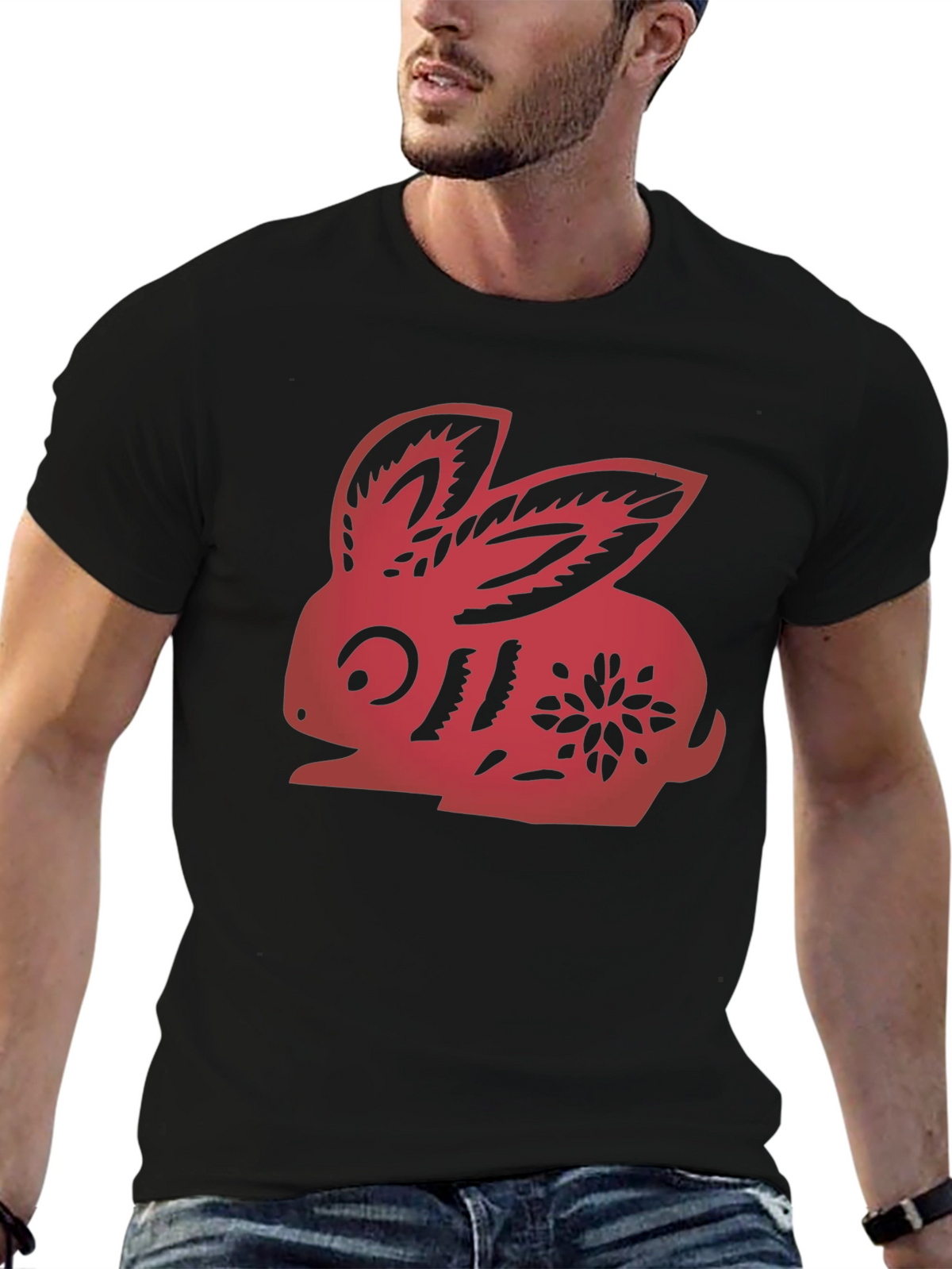 Red Rabbit Graphic Black T-Shirt
