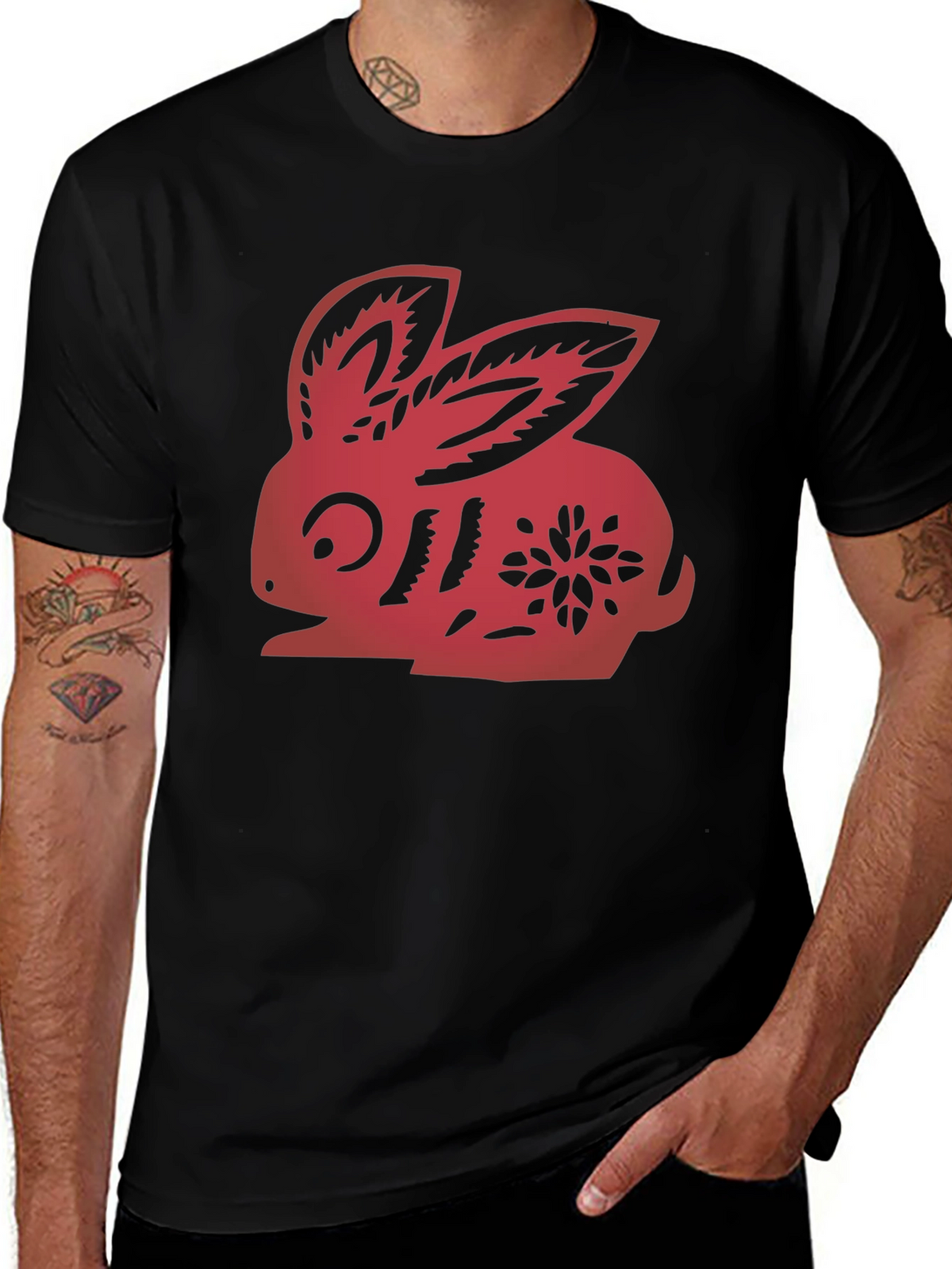 Red Rabbit Graphic Black T-Shirt
