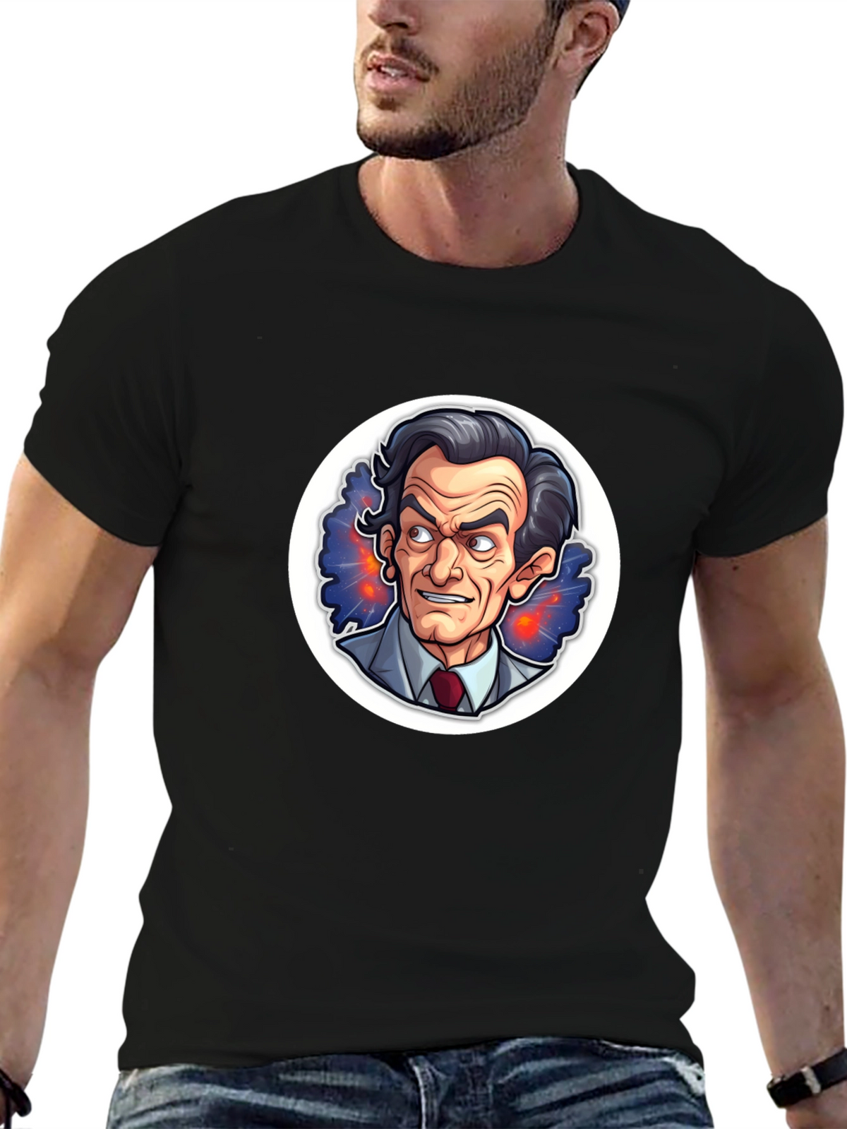 Black T-Shirt with Cartoon Mad Scientist Design