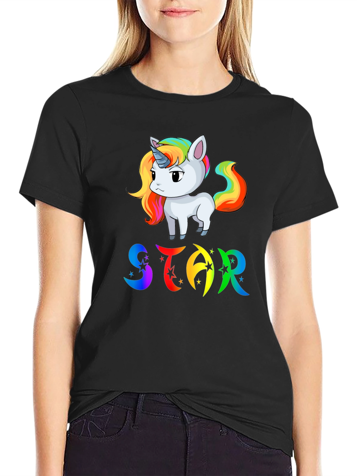Unicorn STAR Rainbow Graphic Black T-Shirt