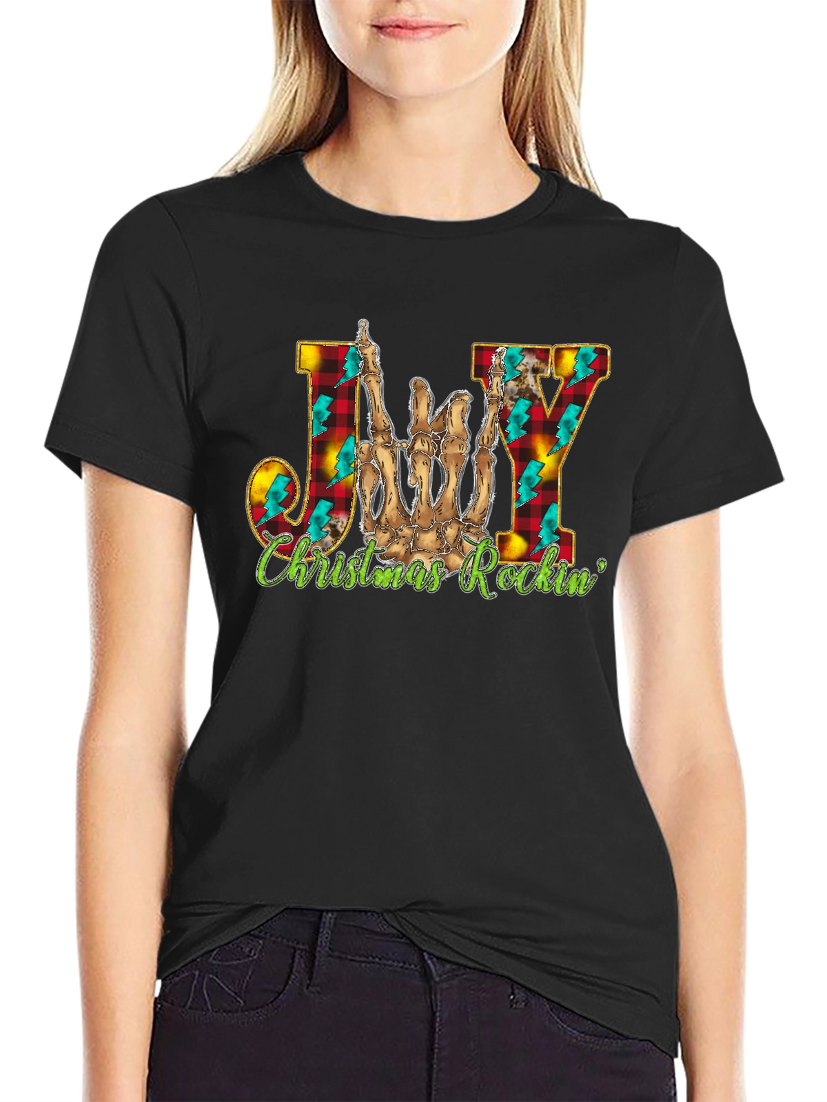 Joy Christmas Rockin Skeleton Hand T-Shirt