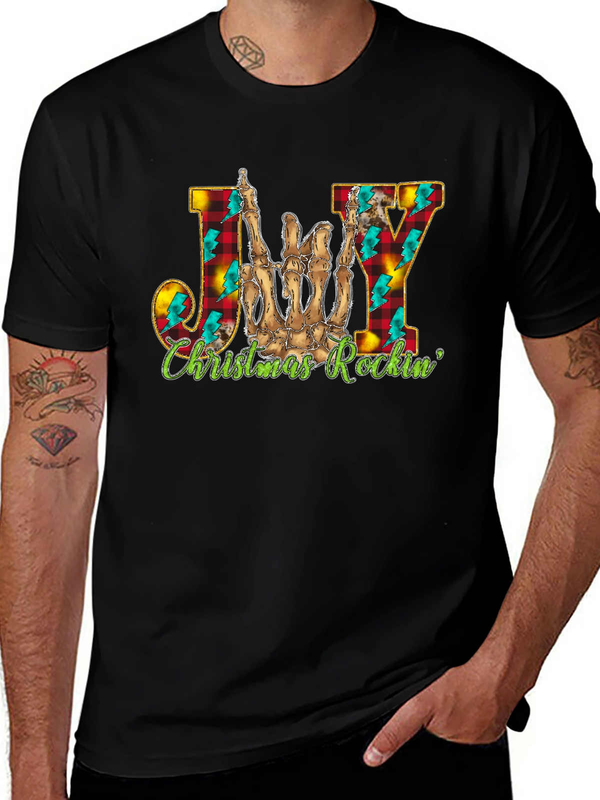 Joy Christmas Rockin Skeleton Hand T-Shirt