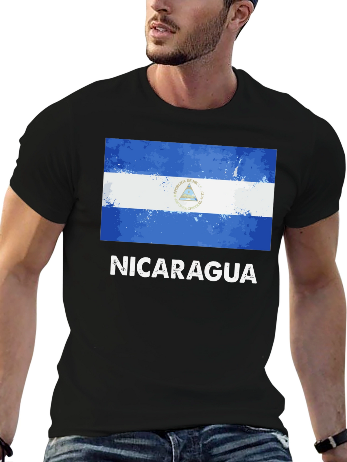 Nicaragua Flag T-Shirt - Black Cotton Tee