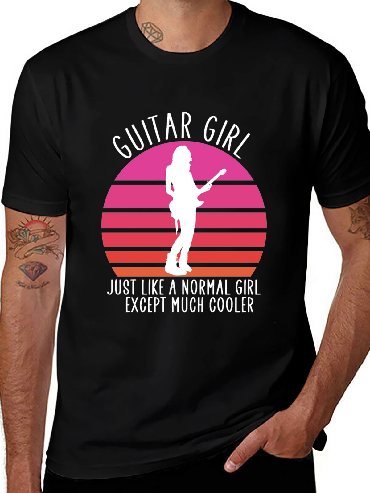 Guitar Girl Cool Retro Sunset T-Shirt