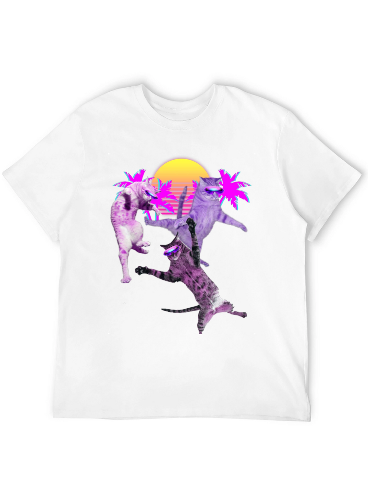 Retro Cats T-Shirt - Neon Palm & Sunset Design