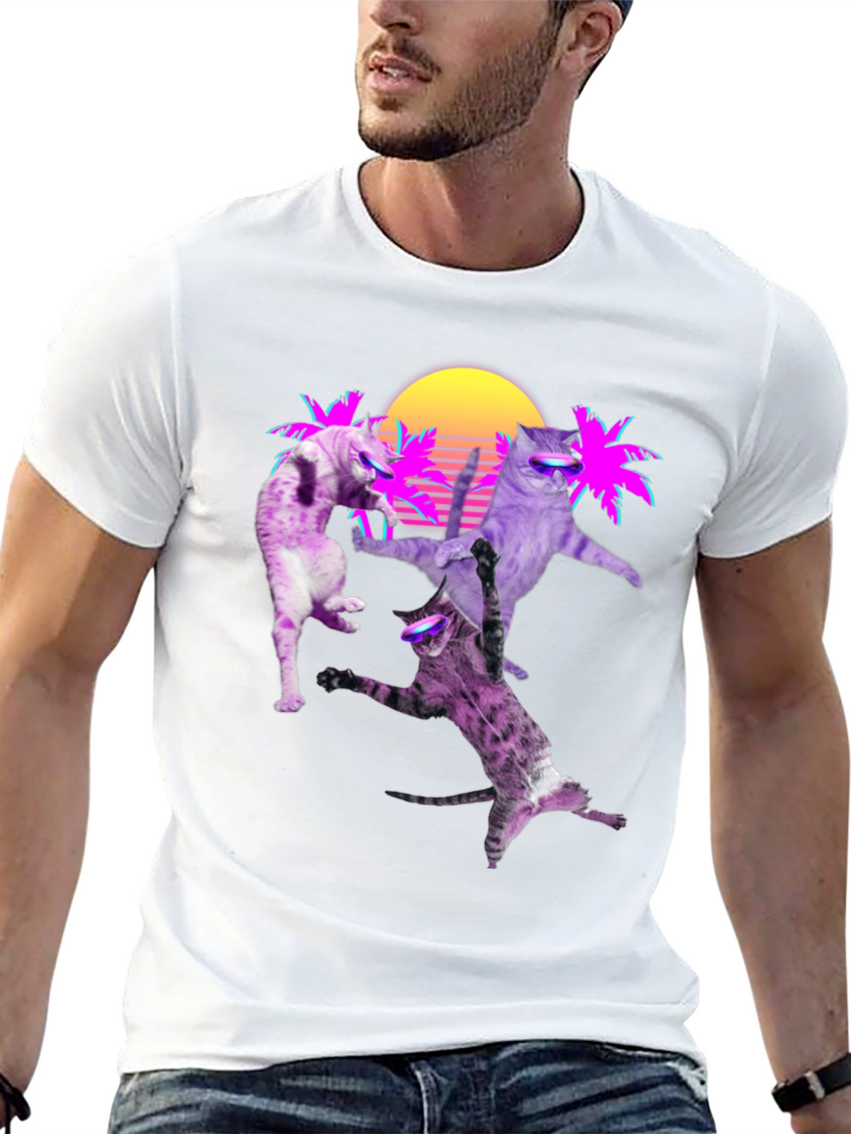 Retro Cats T-Shirt - Neon Palm & Sunset Design
