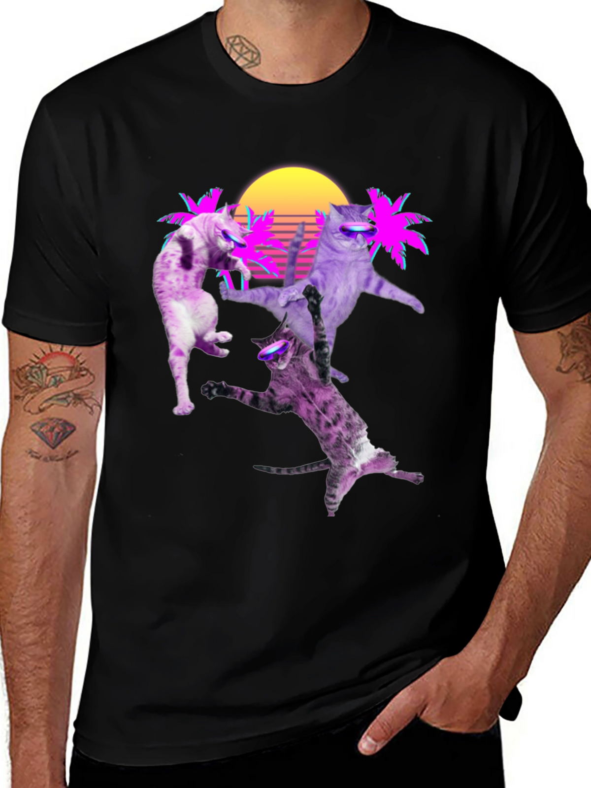 Retro Cats T-Shirt - Neon Palm & Sunset Design