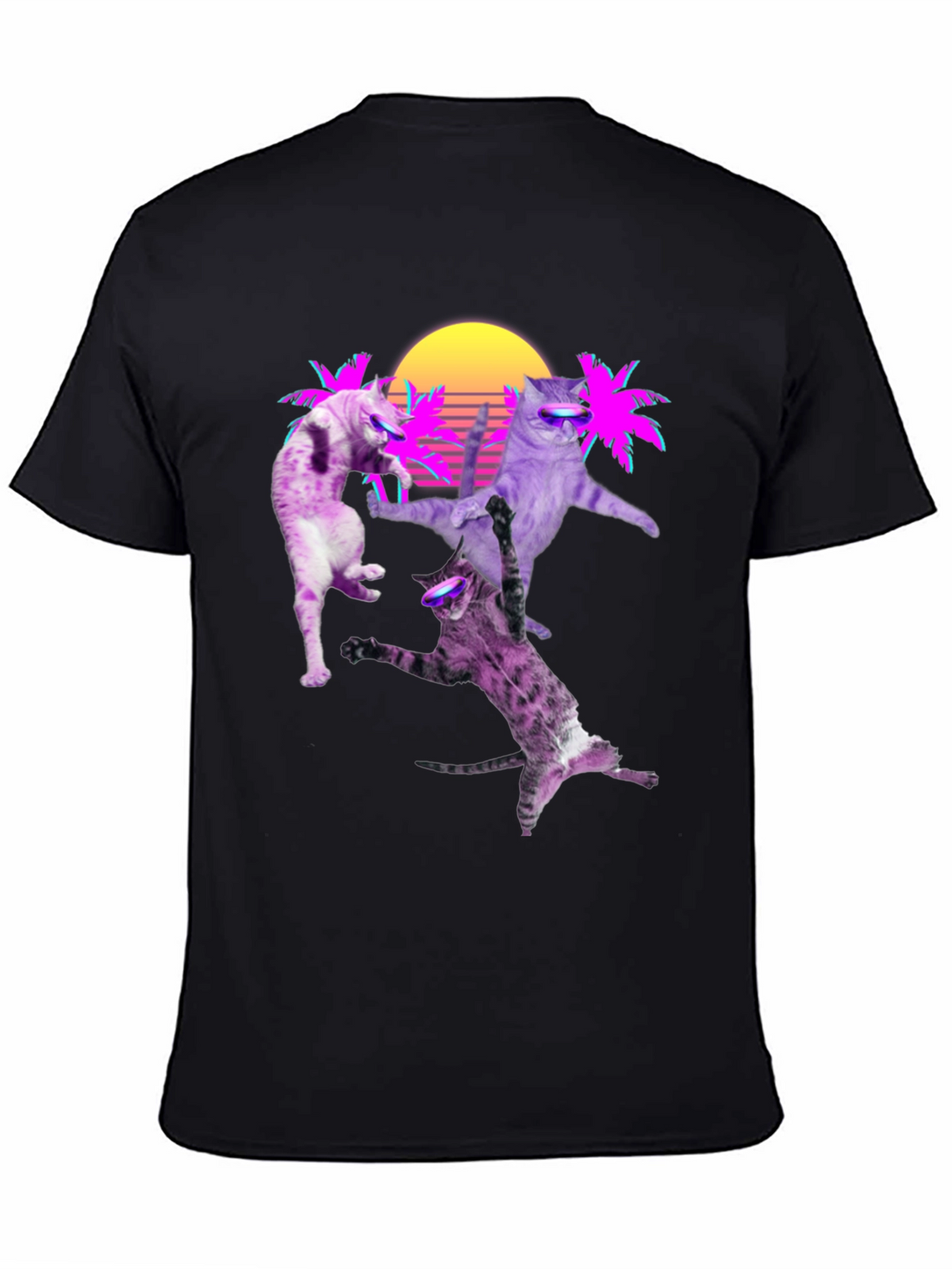 Retro Cats T-Shirt - Neon Palm & Sunset Design