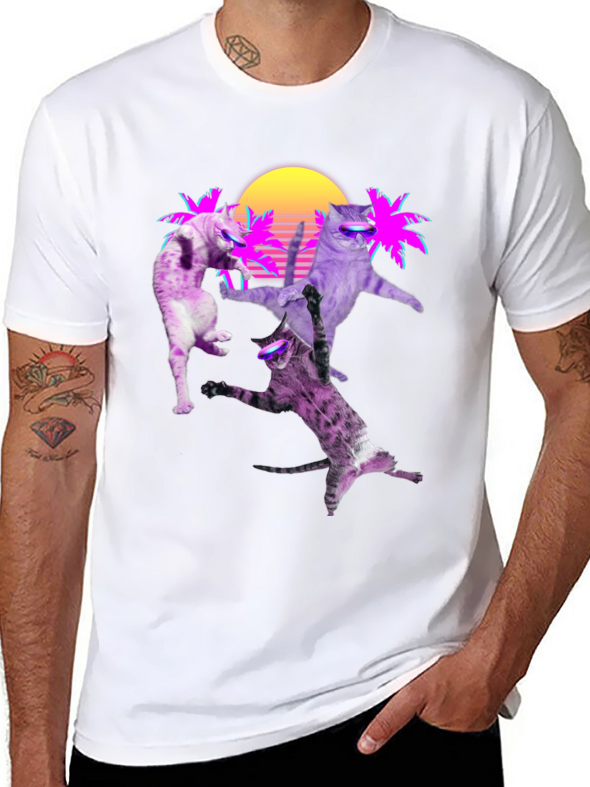 Retro Cats T-Shirt - Neon Palm & Sunset Design