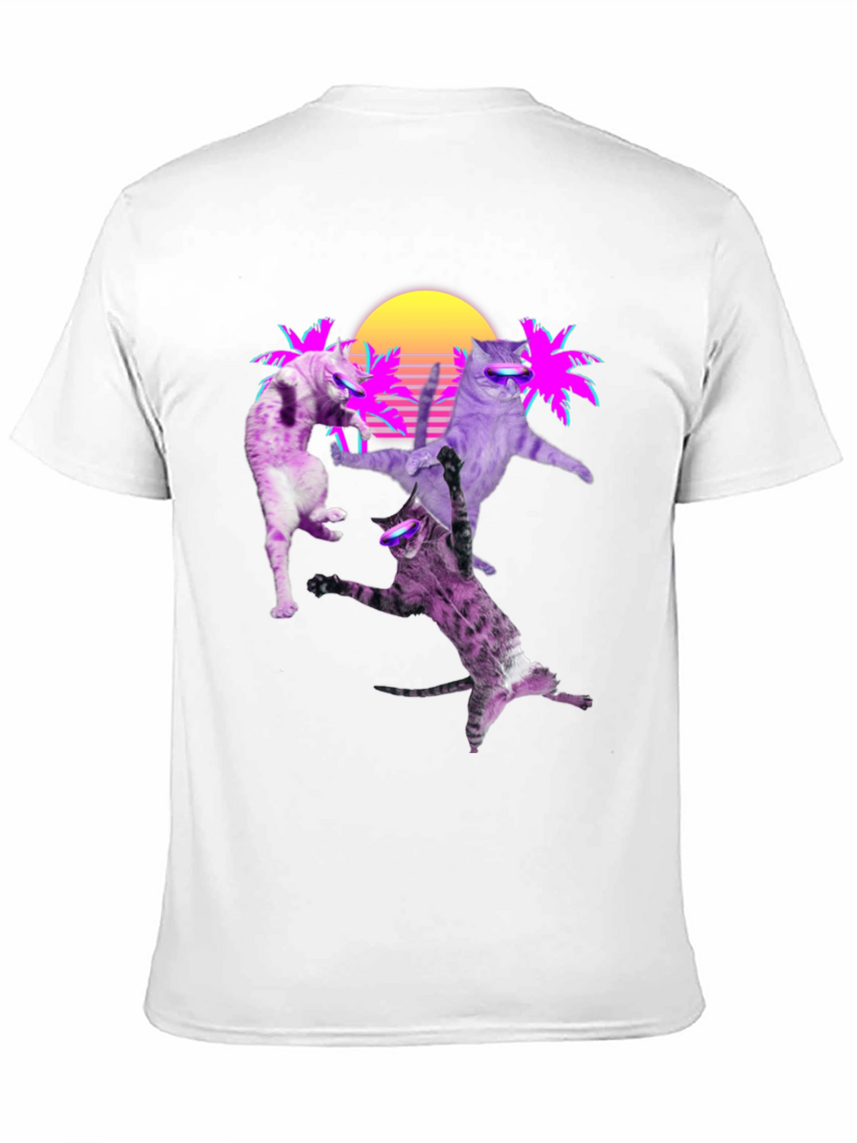 Retro Cats T-Shirt - Neon Palm & Sunset Design