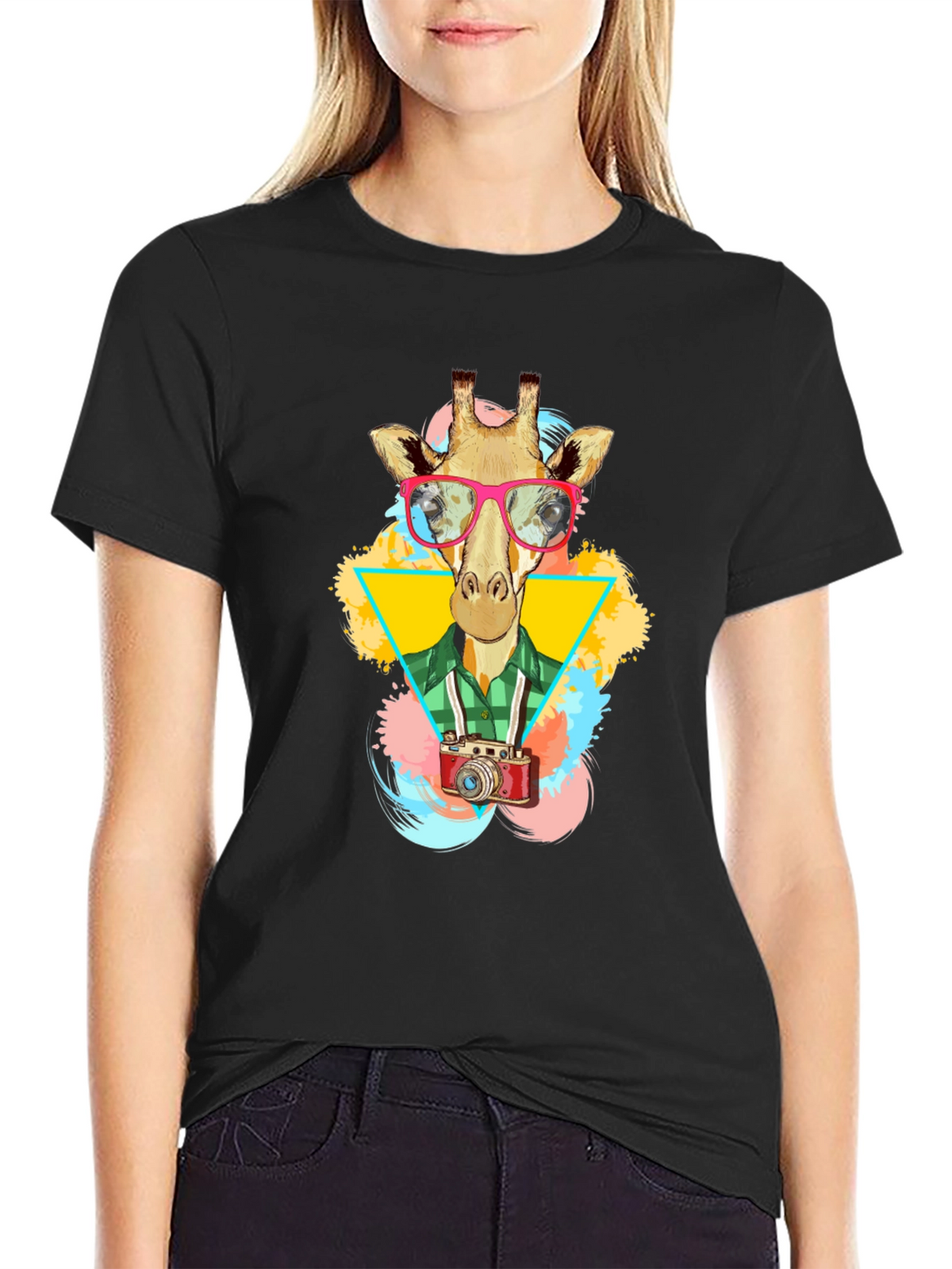 Giraffe Photographer Graphic T-Shirt - Mens Black Tee