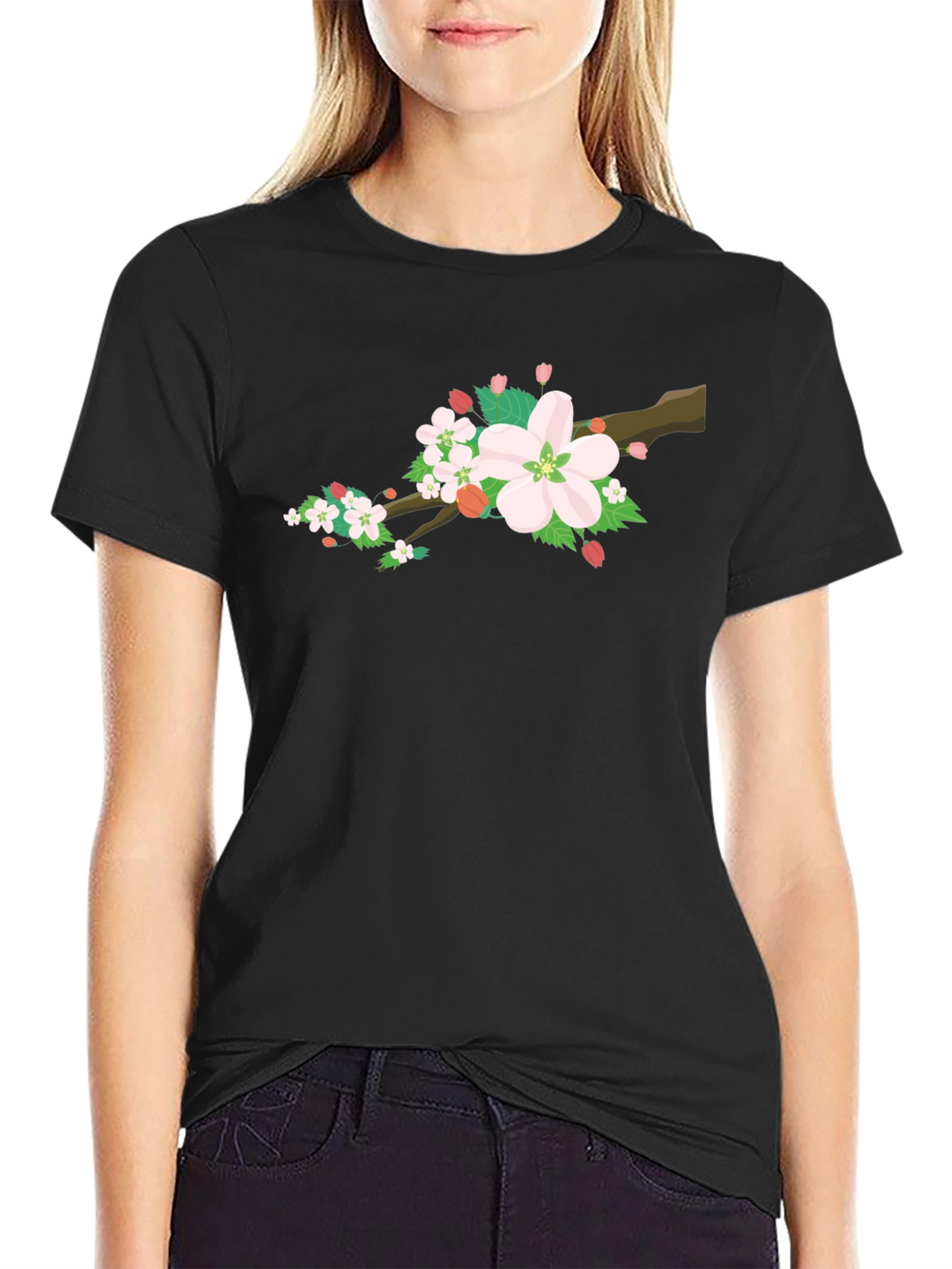 Cherry Blossom Graphic Tee - Black Cotton Blend
