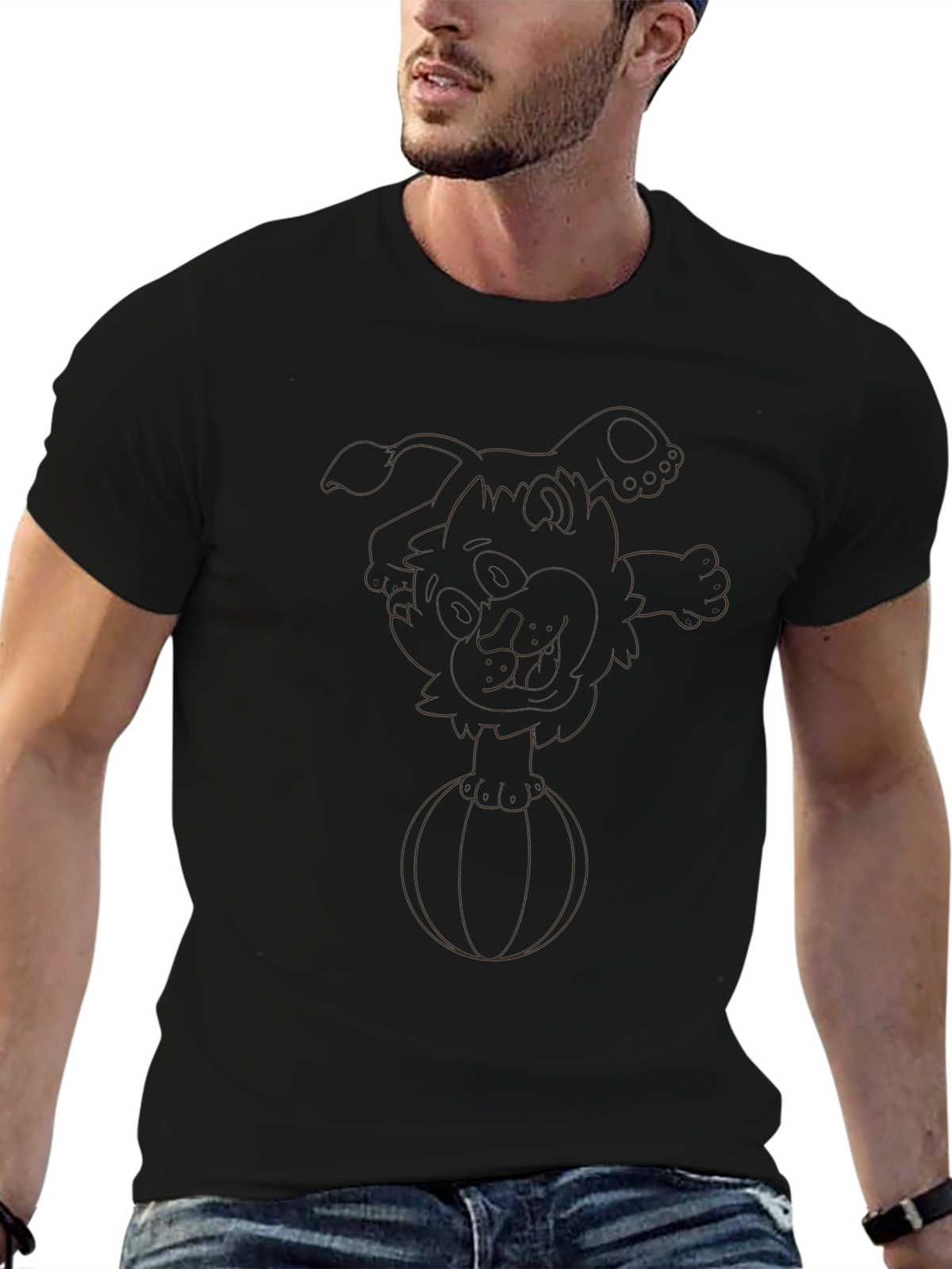 Black T-Shirt with Cartoon Dog on Ball Design