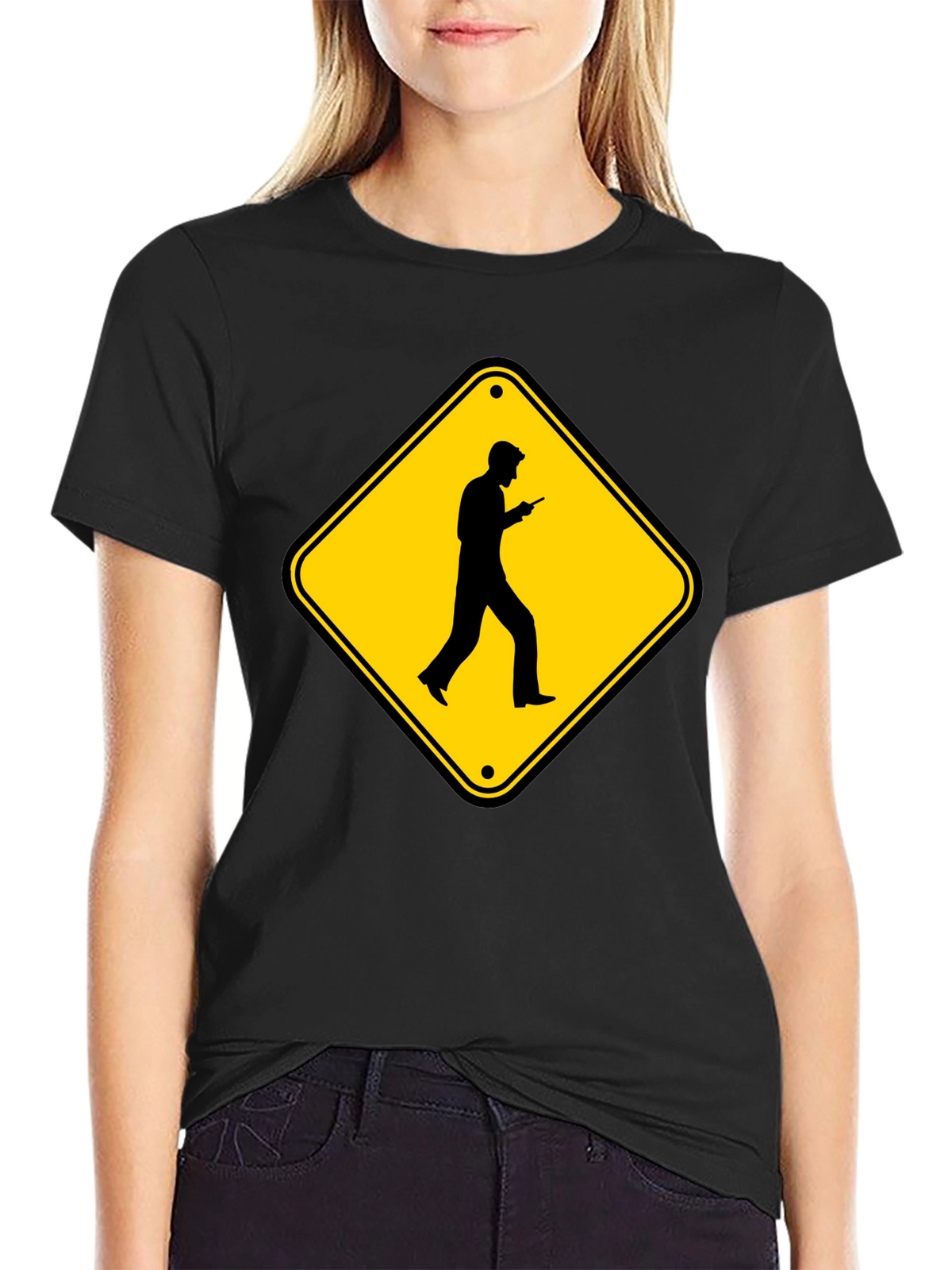 Caution Cellphone Walker Black T-Shirt