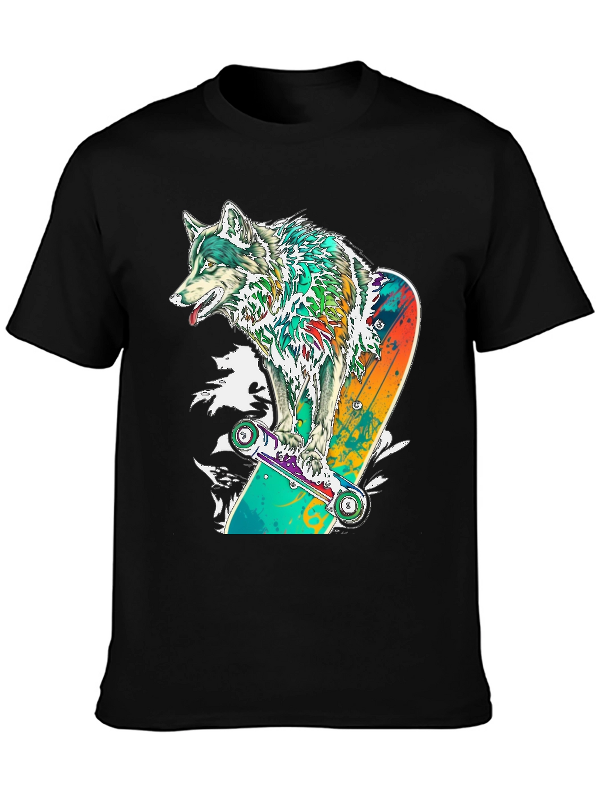 Wolf Skateboarder Graphic Black T-Shirt