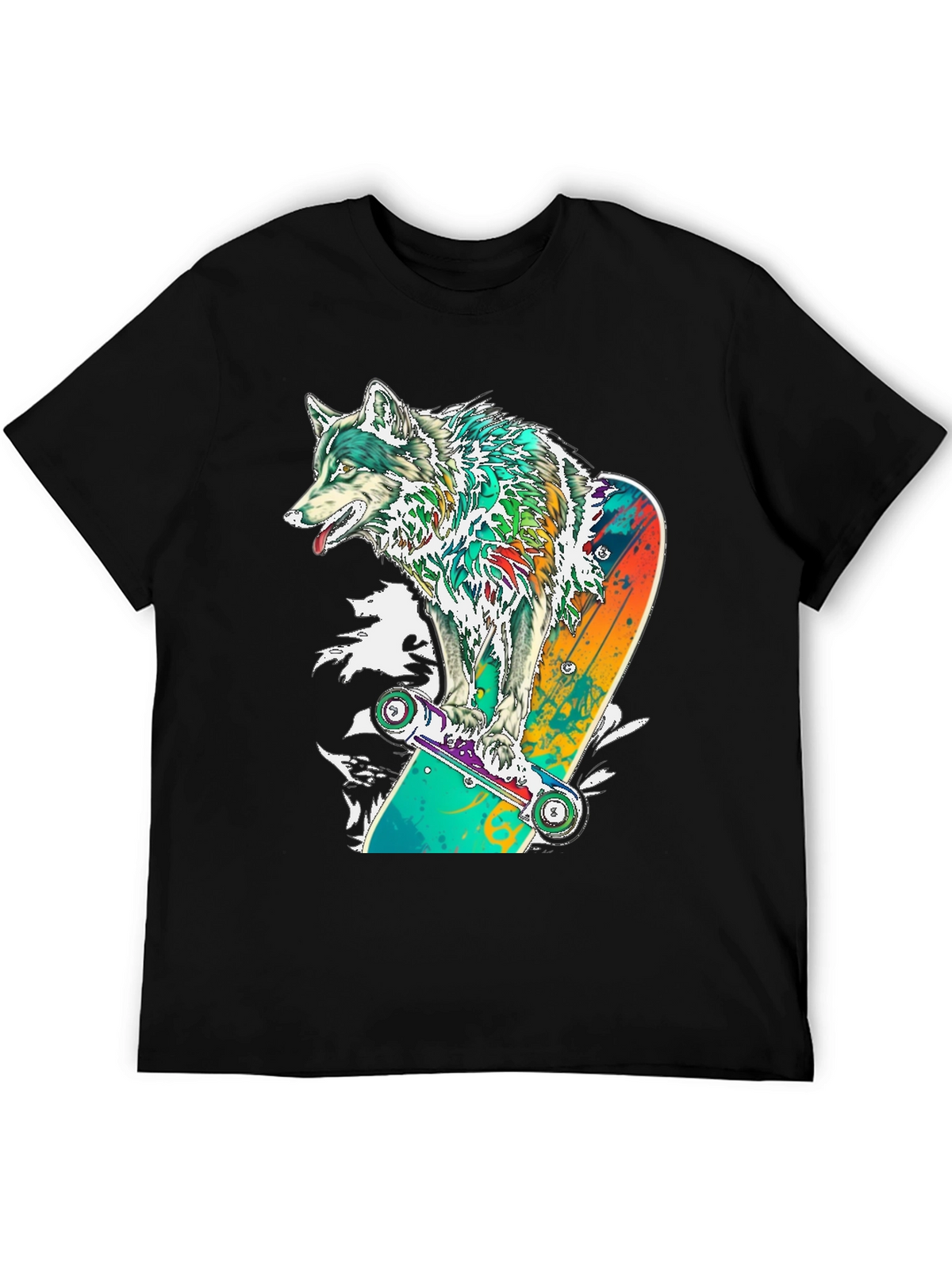 Wolf Skateboarder Graphic Black T-Shirt