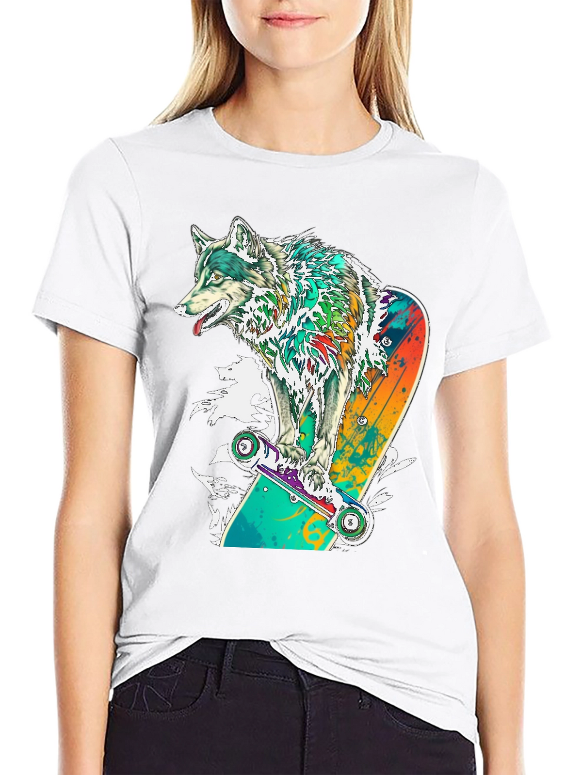 Wolf Skateboarder Graphic Black T-Shirt