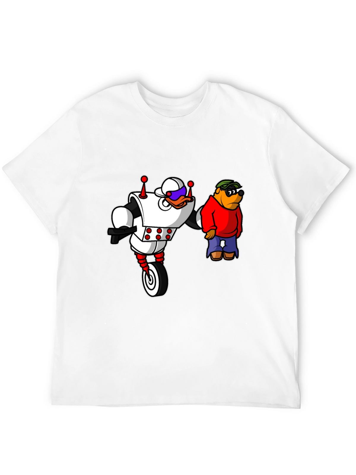 Robot Duck and Cartoon Bear Graphic T-Shirt
